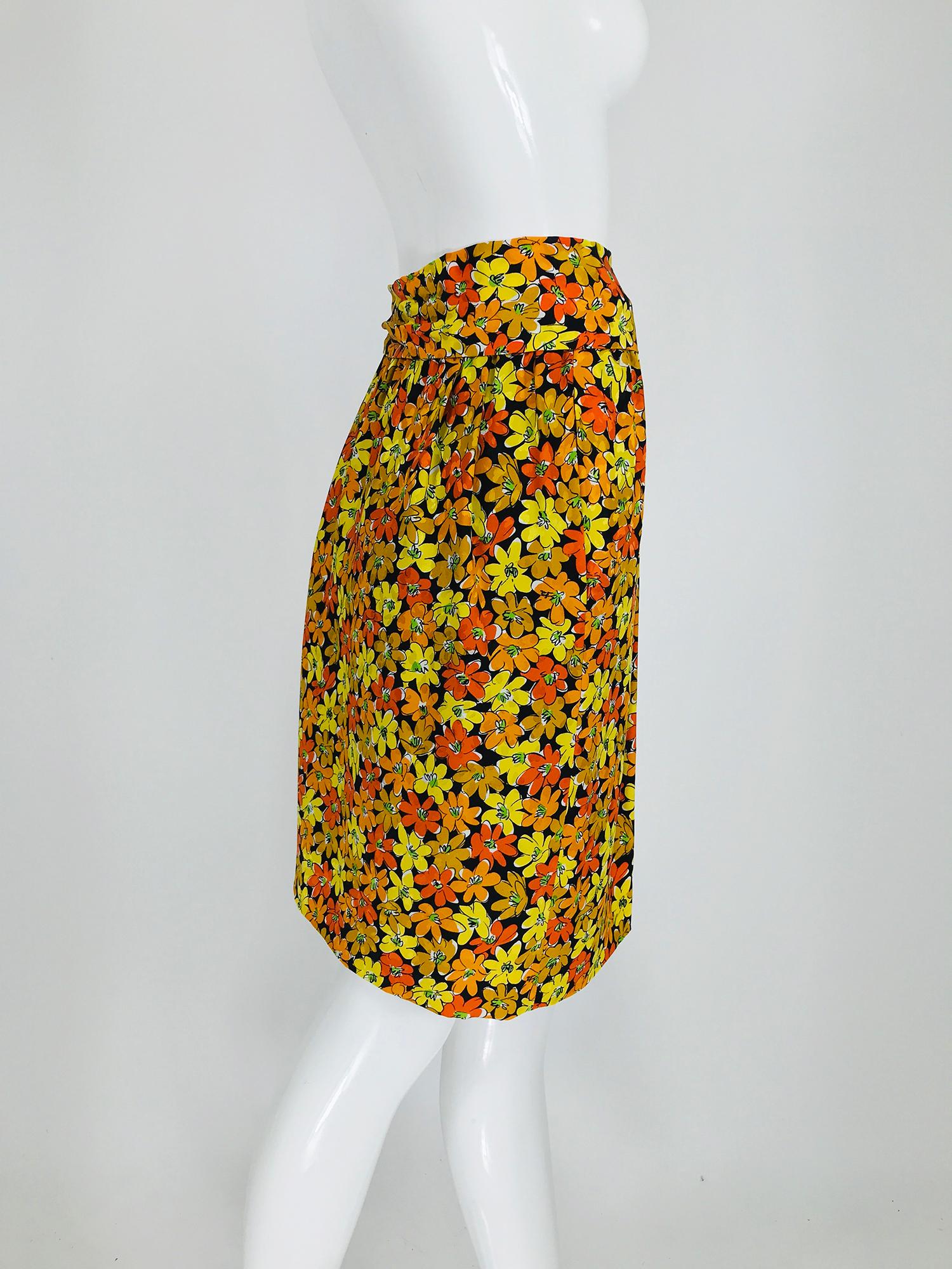 Orange Vintage Yves Saint Laurent Vibrant Floral Silk Print Wrap Skirt 