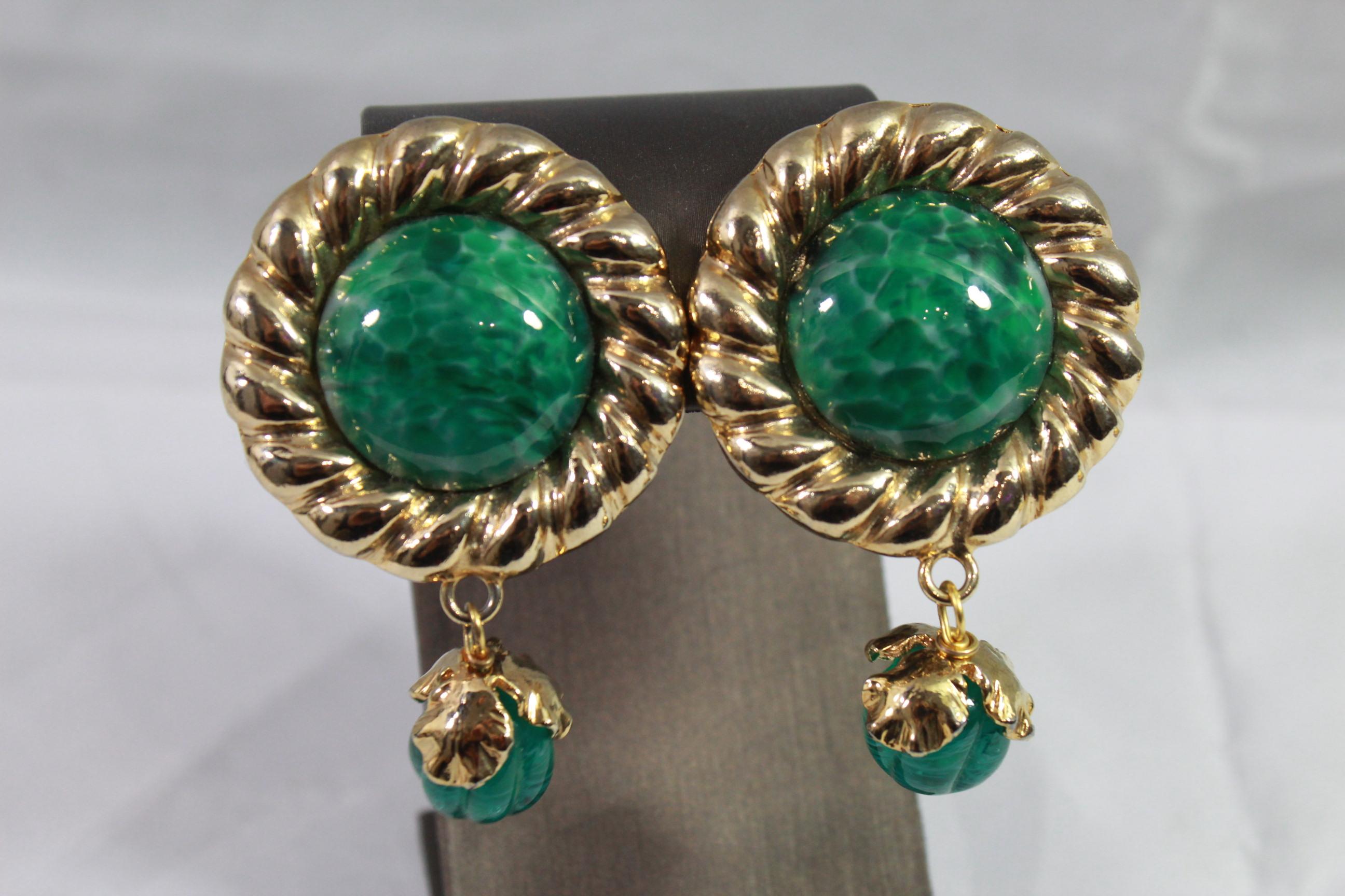 Women's or Men's Vintage Yves Saint Laurent Vintage Gold Plated and Green Glass stone  Earrings