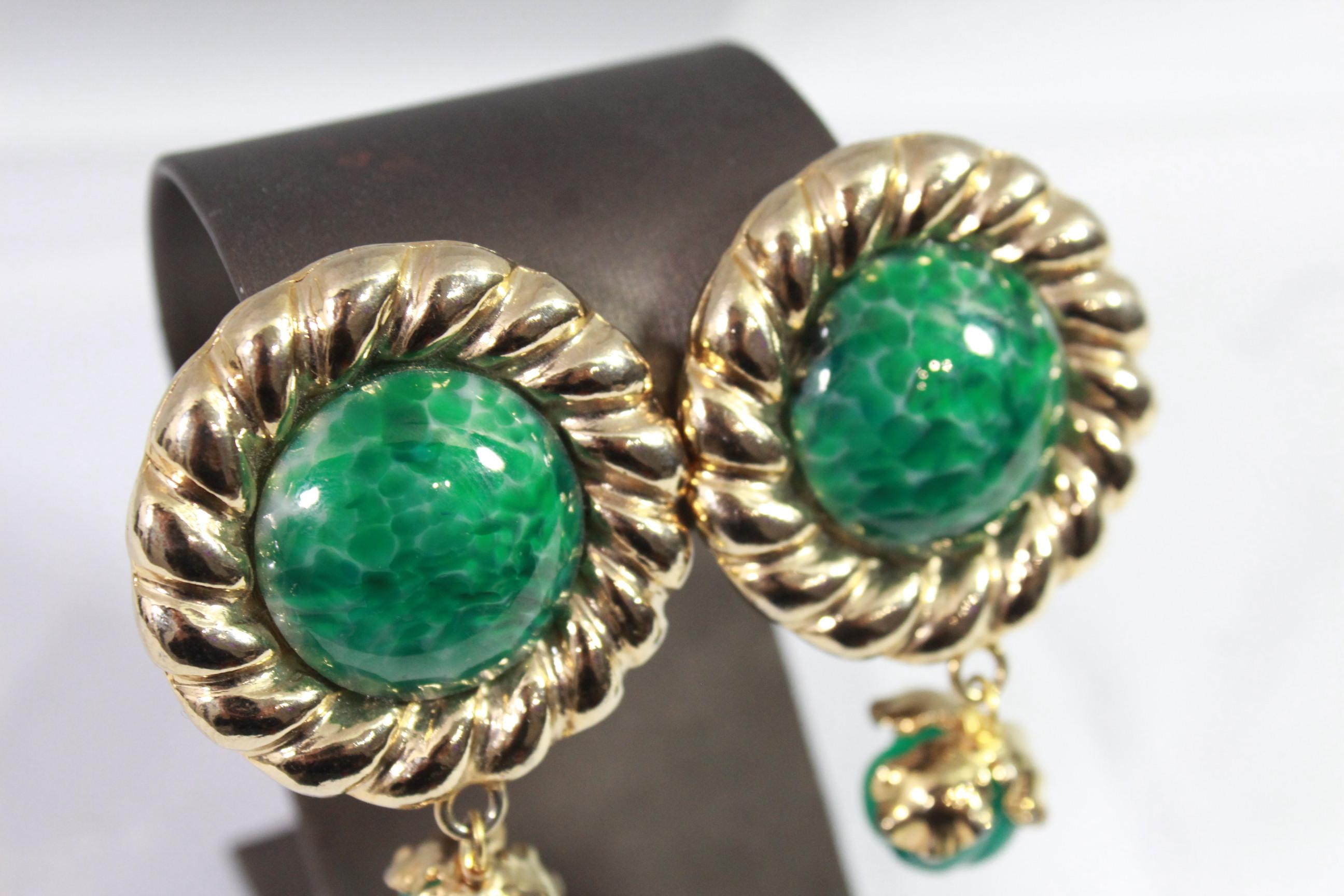 Vintage Yves Saint Laurent Vintage Gold Plated and Green Glass stone  Earrings 1
