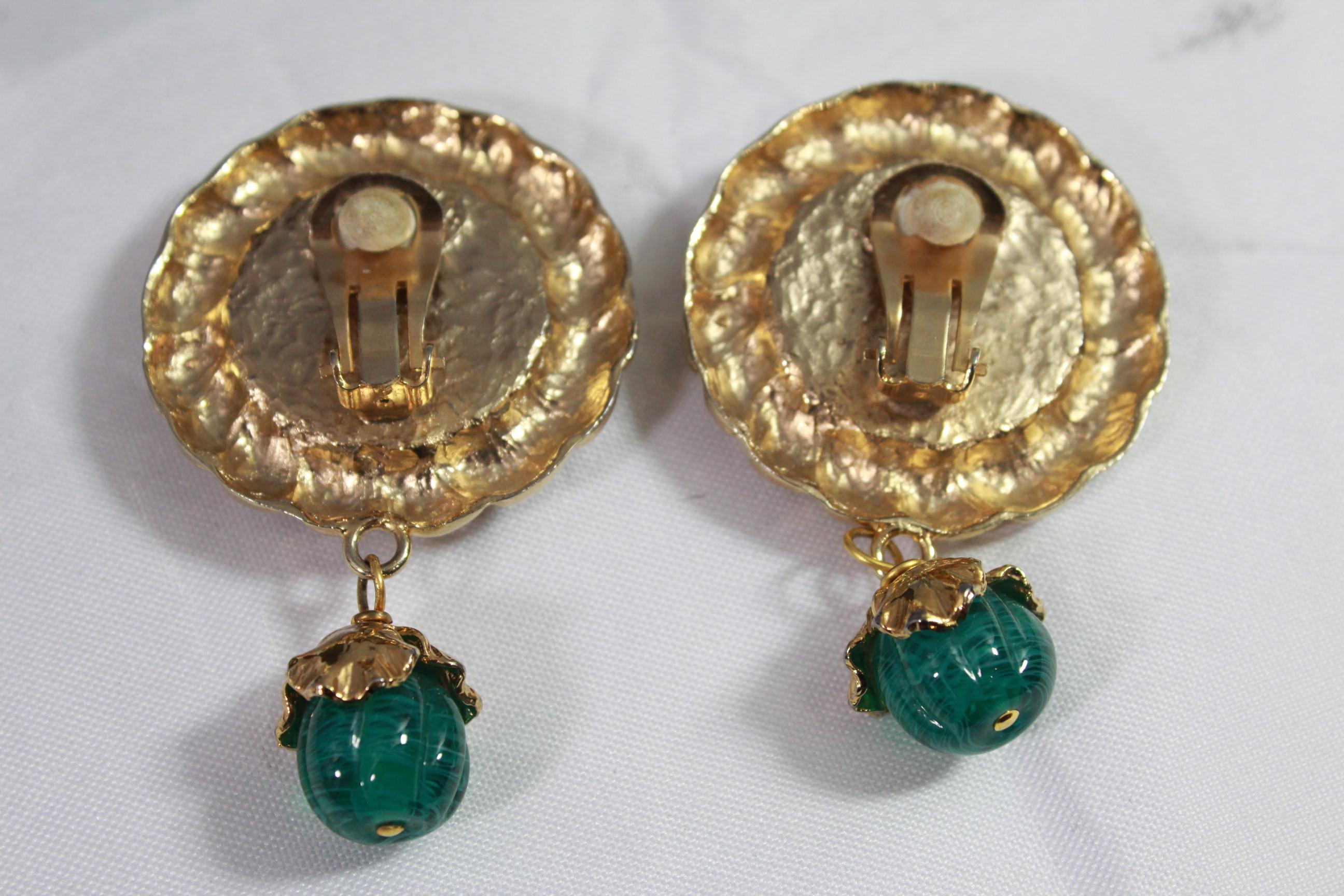 Vintage Yves Saint Laurent Vintage Gold Plated and Green Glass stone  Earrings 2