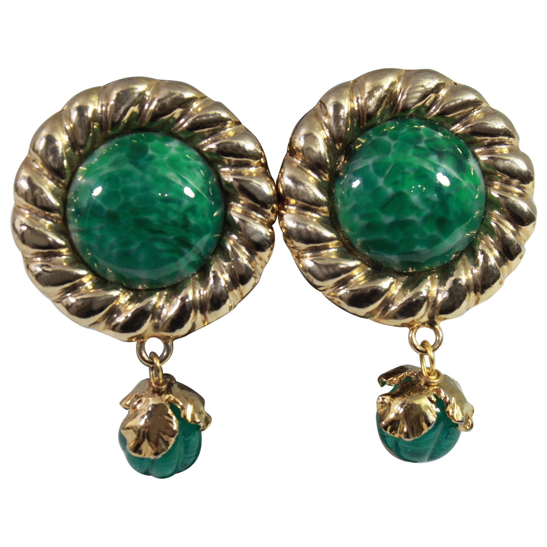 Vintage Yves Saint Laurent Vintage Gold Plated and Green Glass stone  Earrings