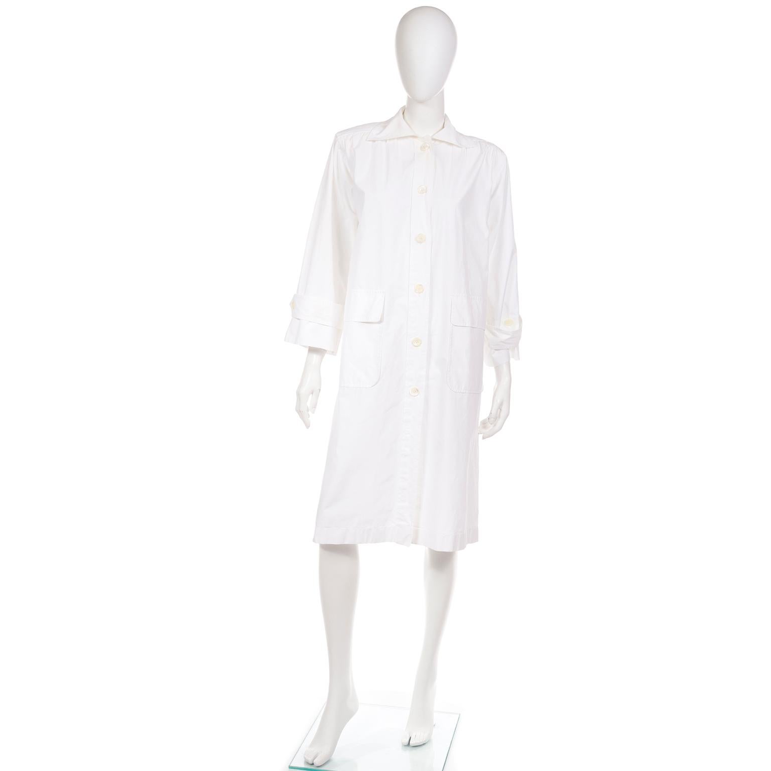 Gray Vintage Yves Saint Laurent White Cotton Coat Dress or Duster Style Coat For Sale