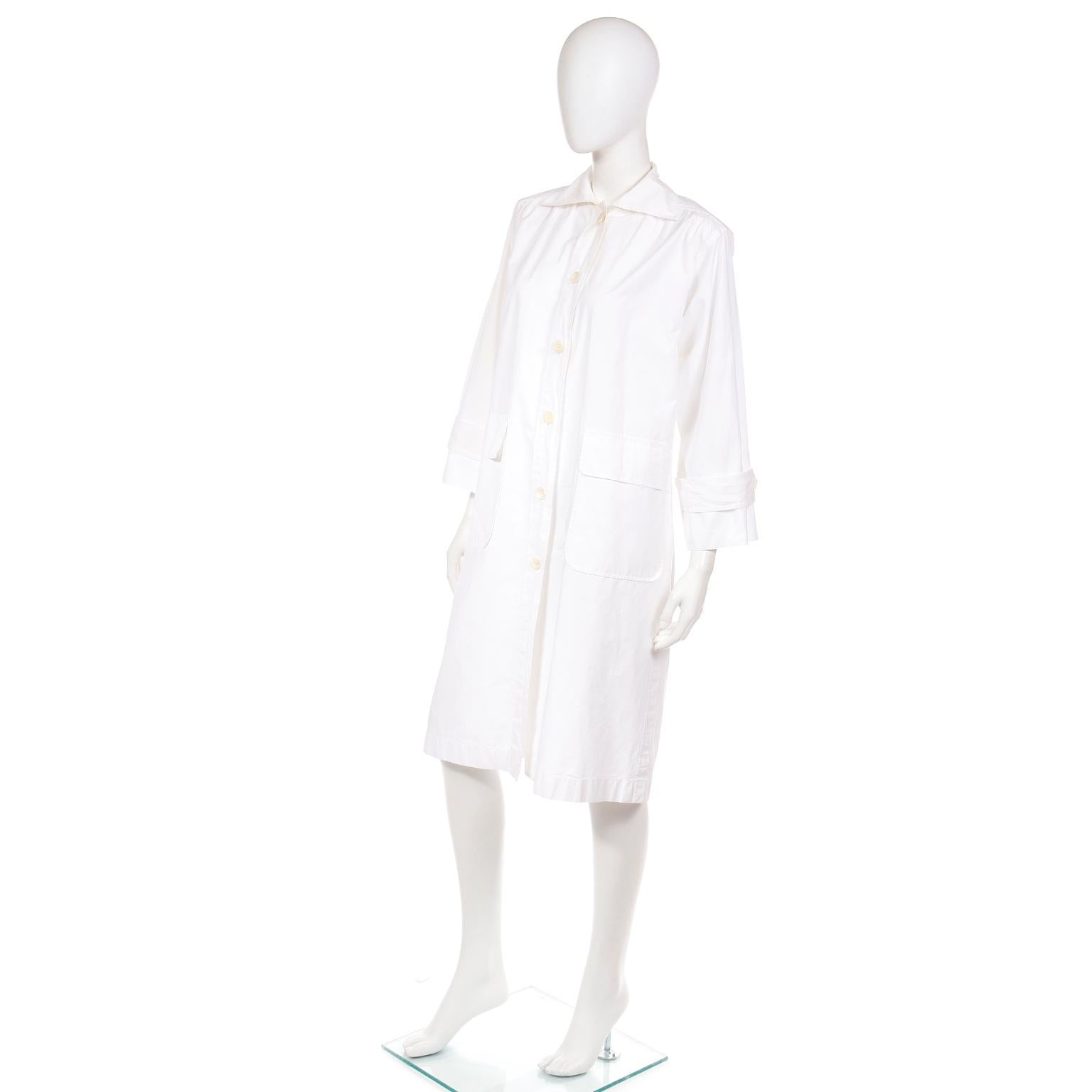 Vintage Yves Saint Laurent White Cotton Coat Dress or Duster Style Coat In Excellent Condition For Sale In Portland, OR