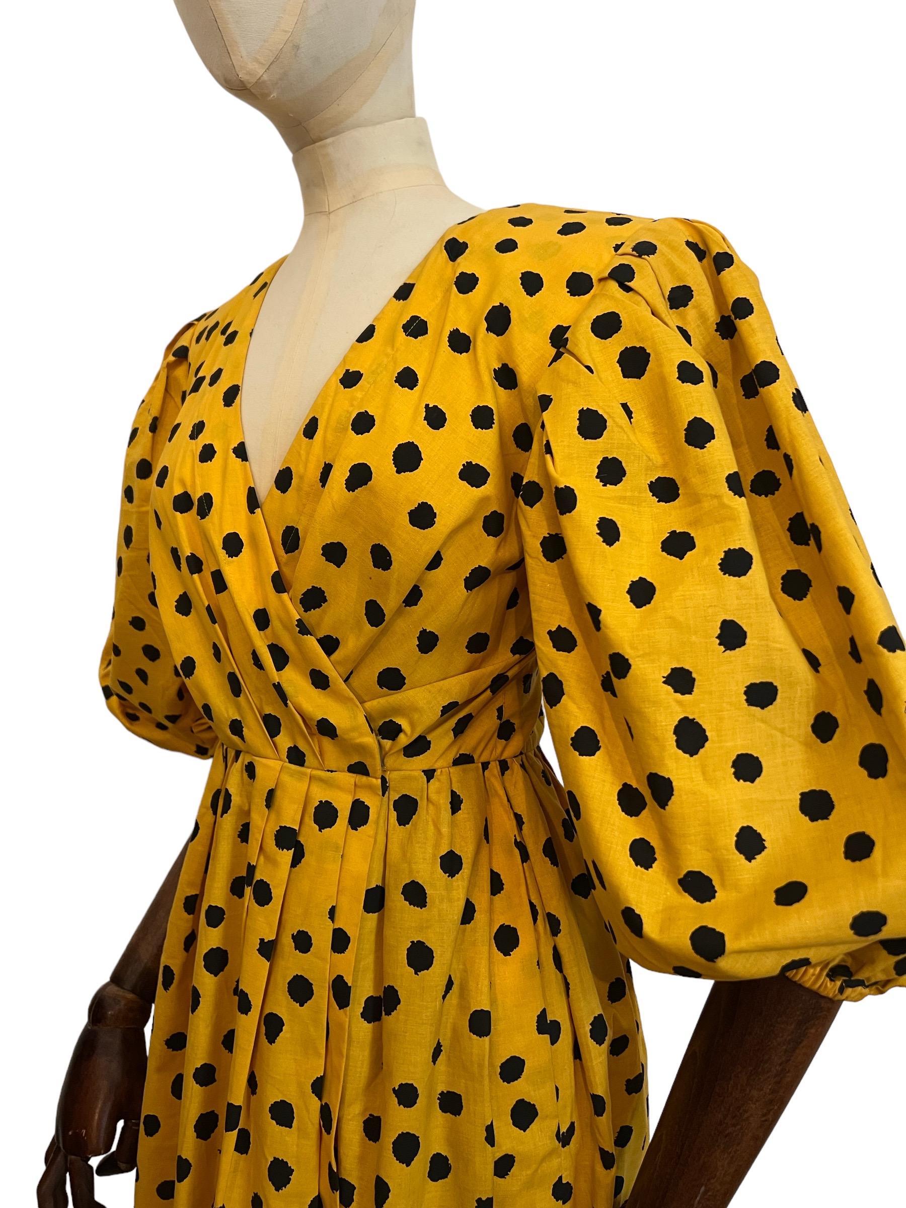 Vintage Yves Saint Laurent Yellow and Black Cotton Polka Dot Dress In Good Condition In Sheffield, GB