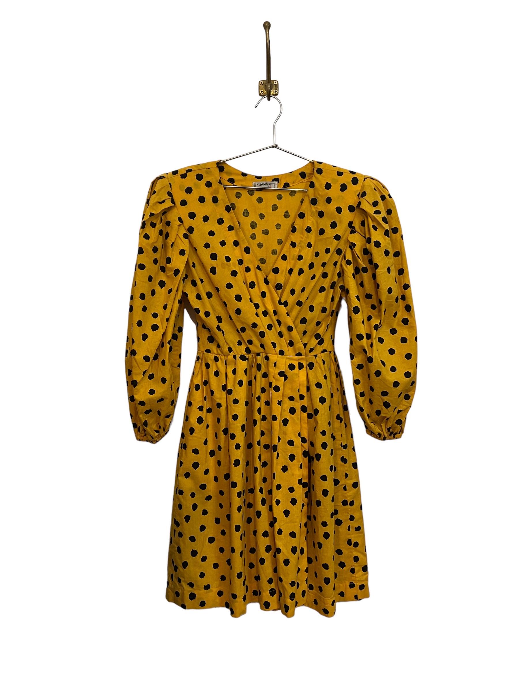 Vintage Yves Saint Laurent Yellow and Black Cotton Polka Dot Dress 1