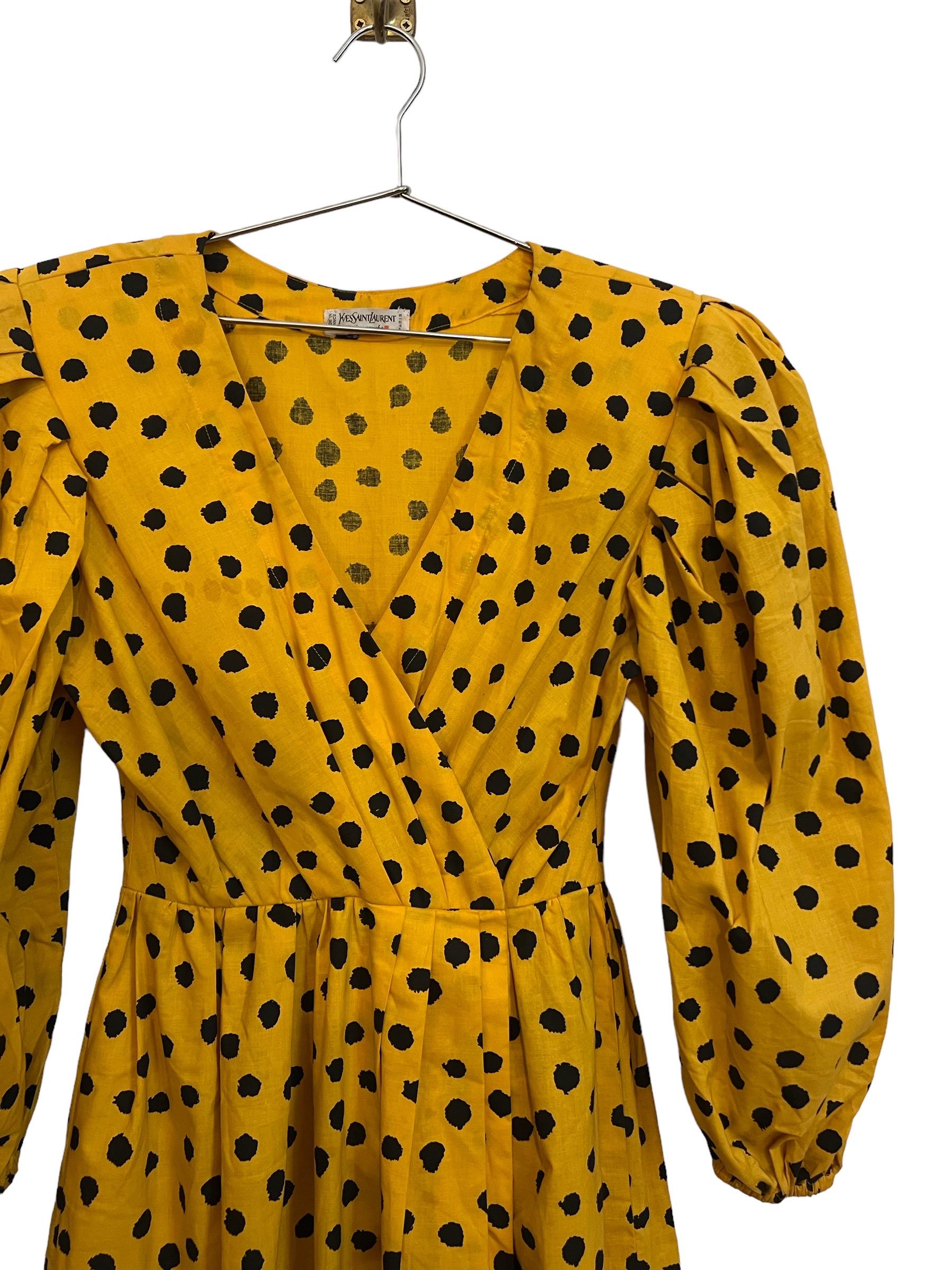 Vintage Yves Saint Laurent Yellow and Black Cotton Polka Dot Dress 2
