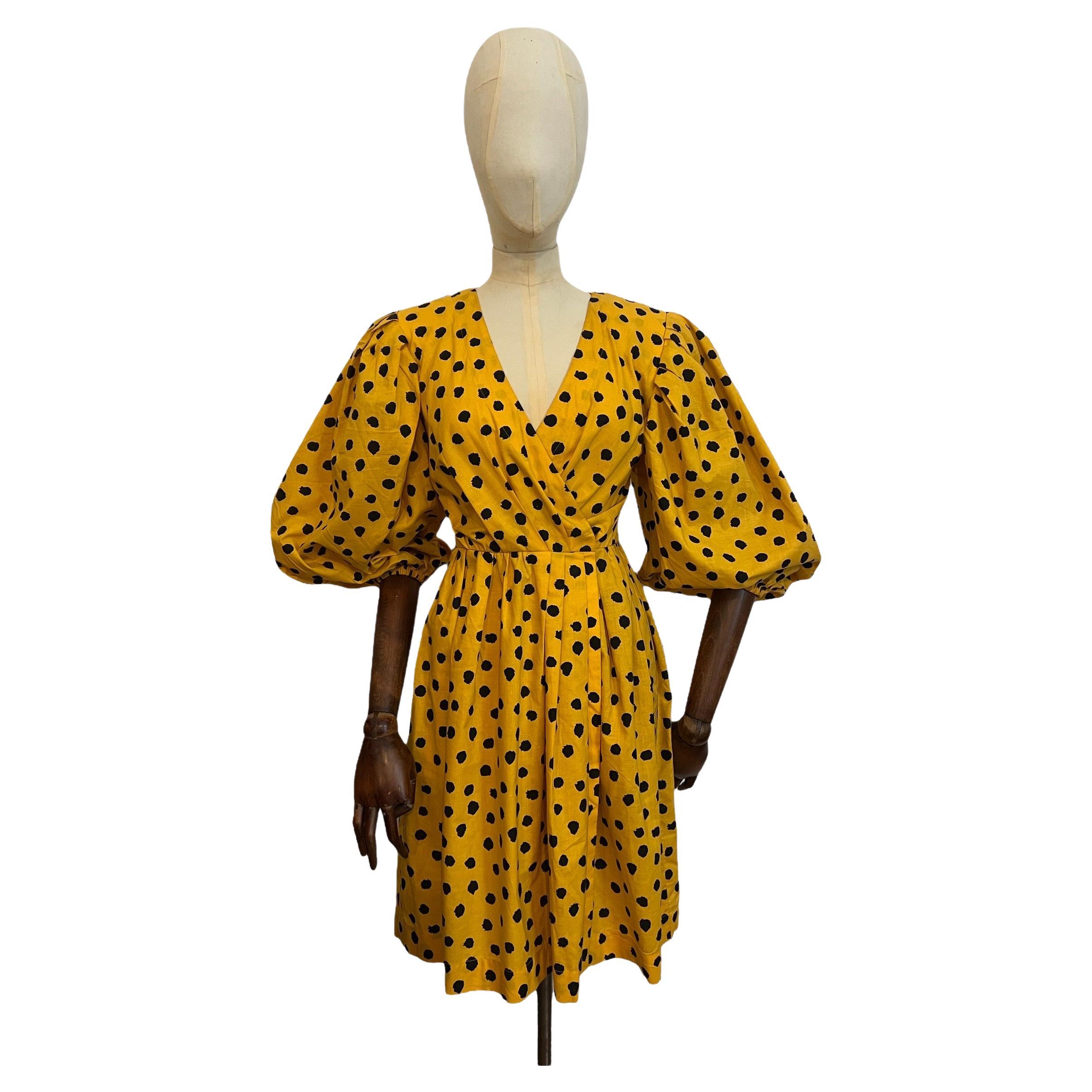Vintage Yves Saint Laurent Yellow and Black Cotton Polka Dot Dress