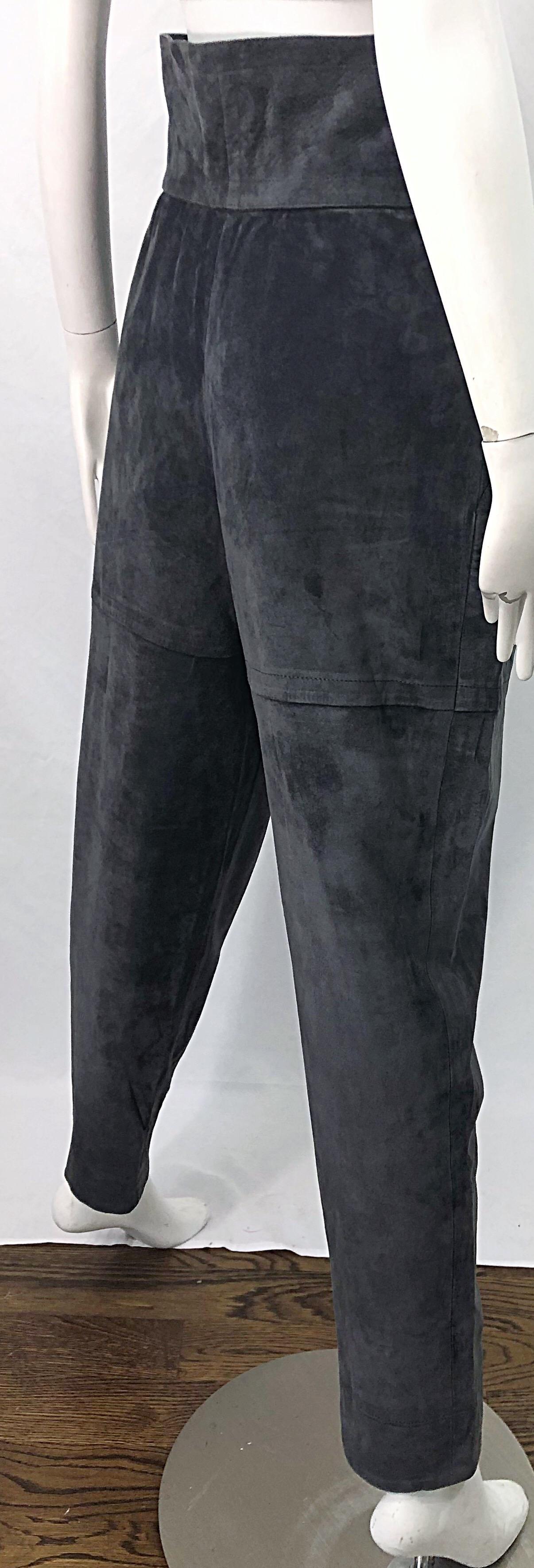 Vintage Yves Saint Laurent YSL 1980s Grey Suede Leather High Waisted Harem Pants For Sale 2