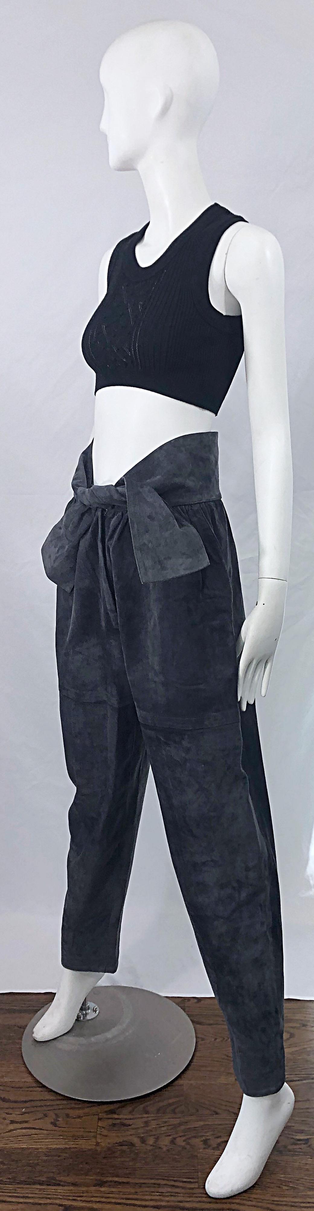Vintage Yves Saint Laurent YSL 1980s Grey Suede Leather High Waisted Harem Pants For Sale 4