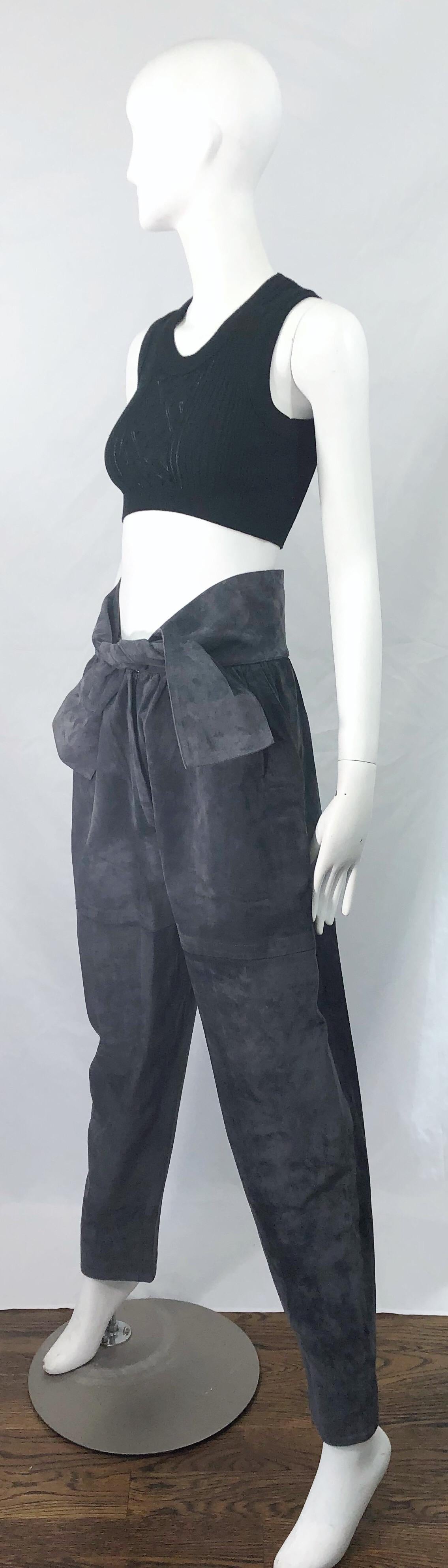 Vintage Yves Saint Laurent YSL 1980s Grey Suede Leather High Waisted Harem Pants For Sale 6