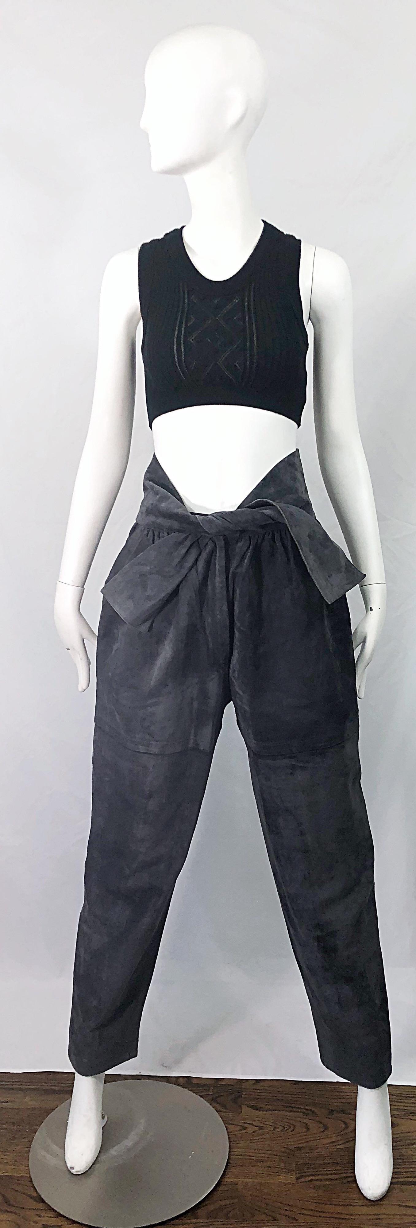 Vintage Yves Saint Laurent YSL 1980s Grey Suede Leather High Waisted Harem Pants For Sale 7