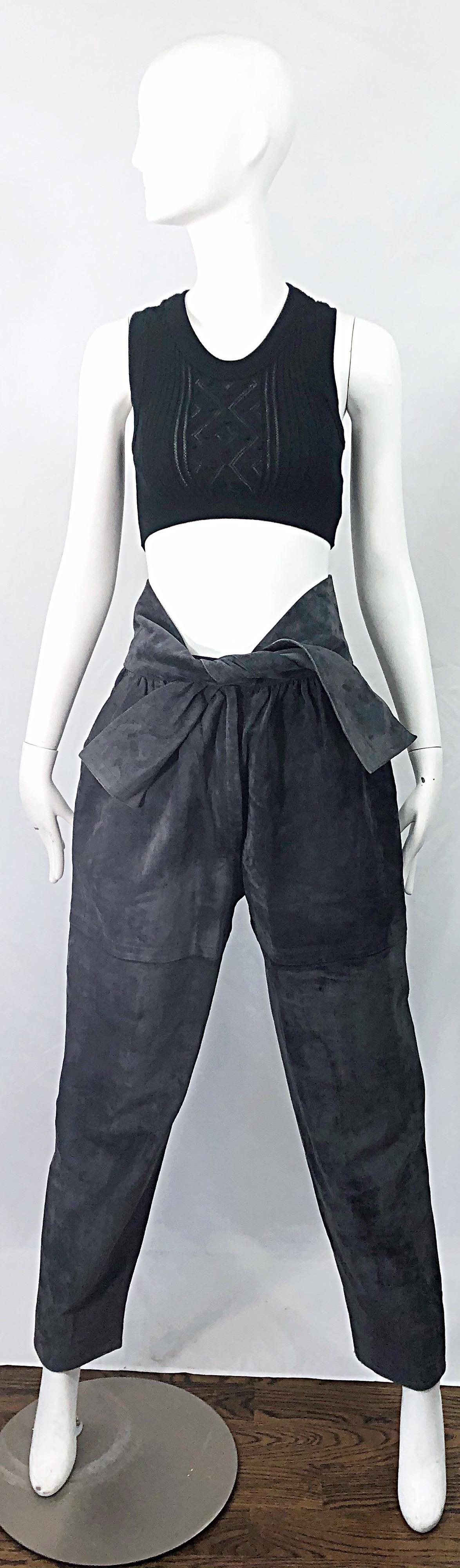 Vintage Yves Saint Laurent YSL 1980s Grey Suede Leather High Waisted Harem Pants For Sale 9
