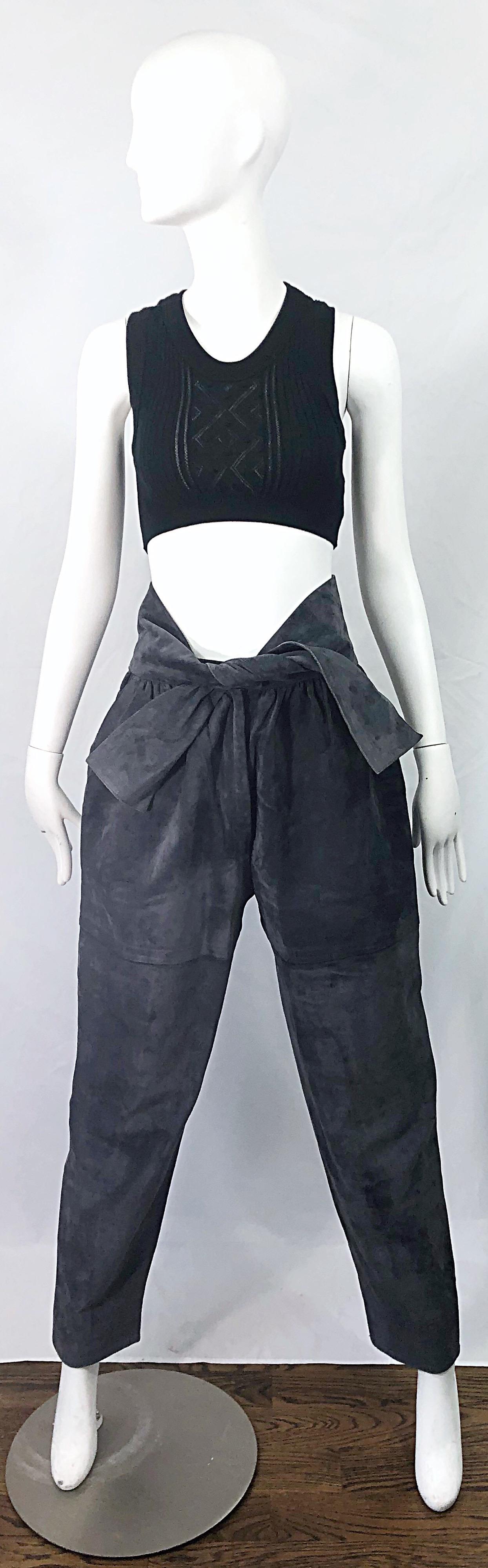 Amazing collectible RARE vintage early 80s YVES SAINT LAURENT Rive Gauche elephant gray suede leather high waisted harem pants / trousers ! Features a high waist with pockets at each side of the hips. Attached tie belt ties at center waist. Hidden