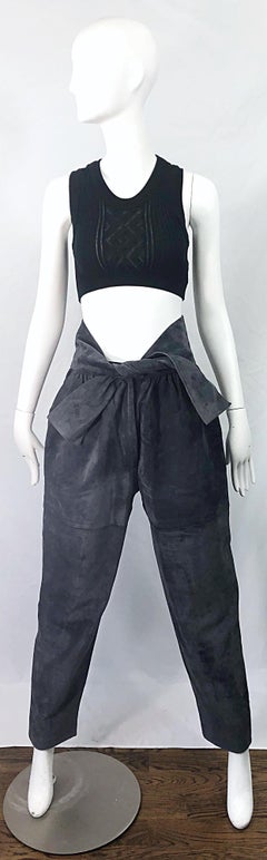 Vintage Yves Saint Laurent YSL 1980s Grey Suede Leather High Waisted Harem Pants