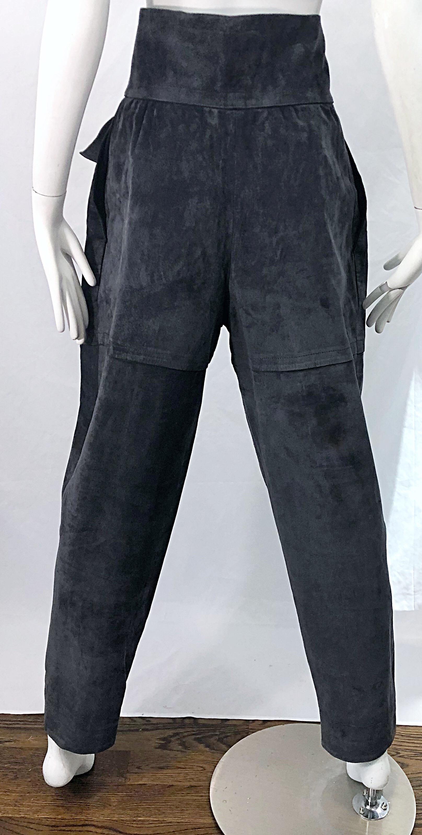 Black Vintage Yves Saint Laurent YSL 1980s Grey Suede Leather High Waisted Harem Pants For Sale