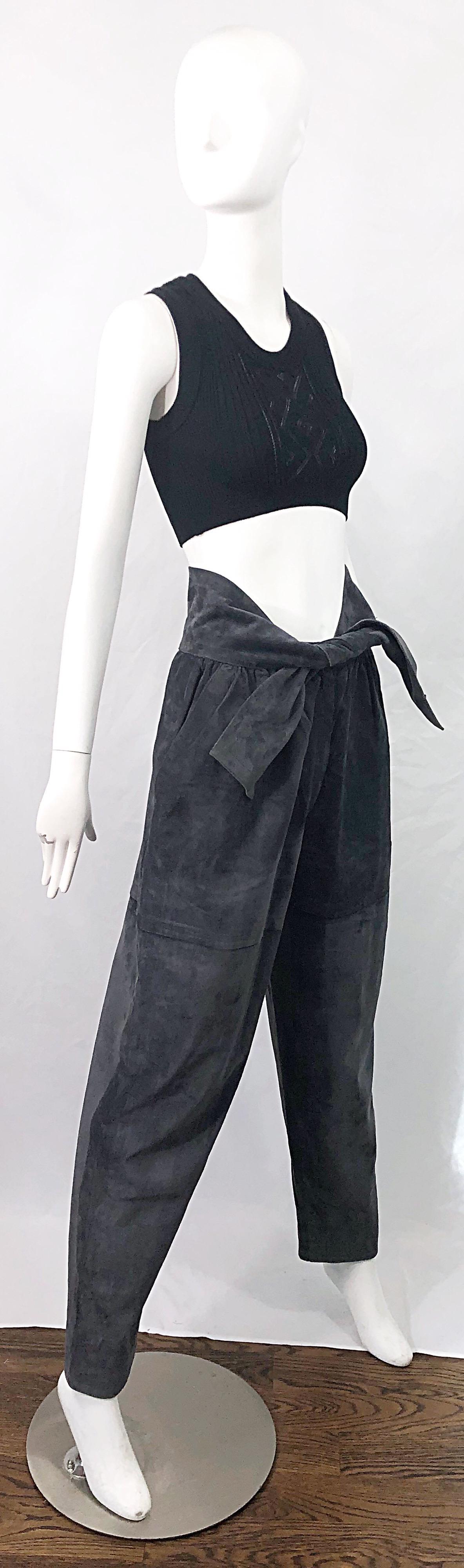 Vintage Yves Saint Laurent YSL 1980s Grey Suede Leather High Waisted Harem Pants In Excellent Condition For Sale In San Diego, CA