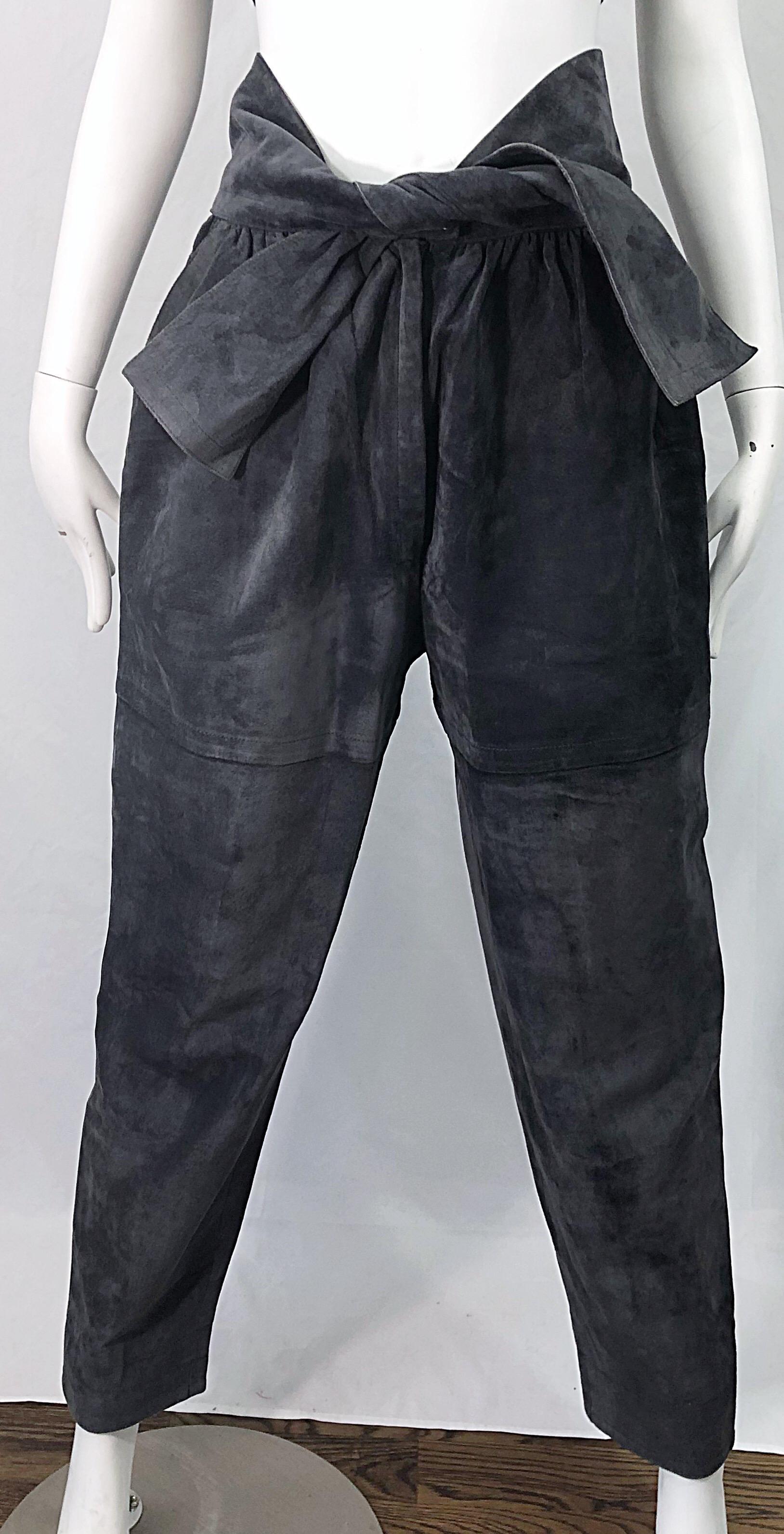Women's Vintage Yves Saint Laurent YSL 1980s Grey Suede Leather High Waisted Harem Pants For Sale