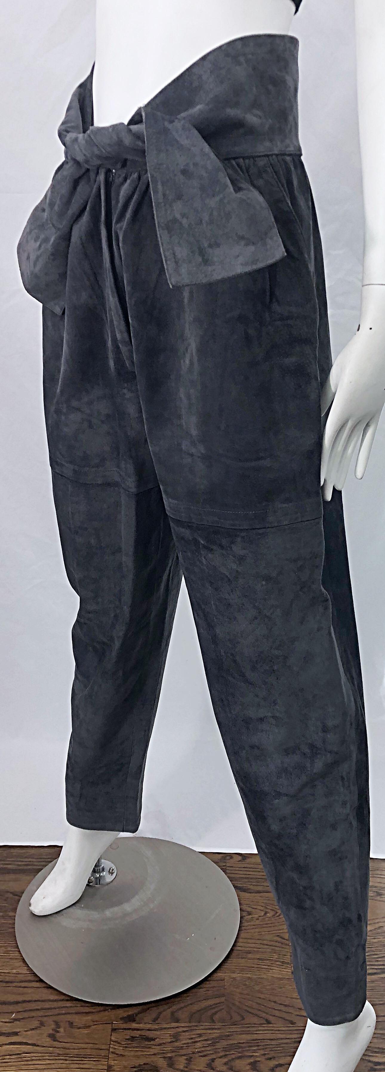 Vintage Yves Saint Laurent YSL 1980s Grey Suede Leather High Waisted Harem Pants For Sale 1