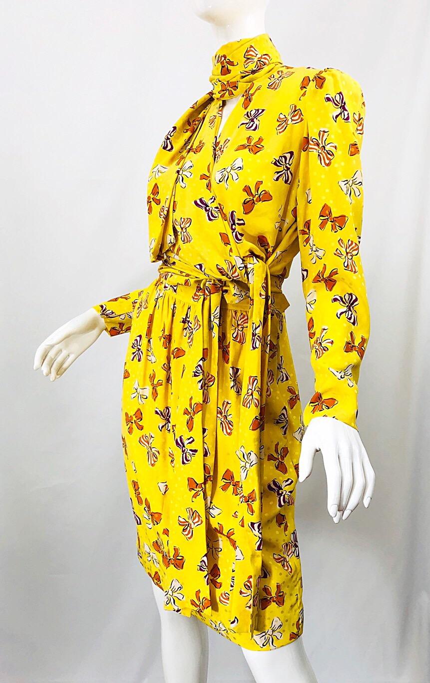 Yves Saint Laurent SS 1987 Runway YSL Yellow Bow Print Silk Blouse + Skirt Dress For Sale 6