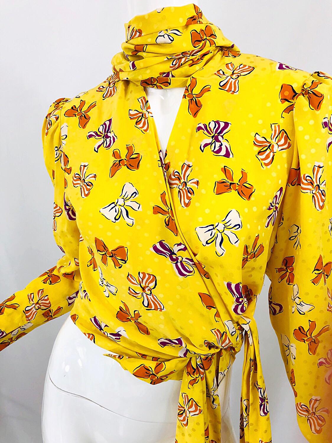 Yves Saint Laurent SS 1987 Runway YSL Yellow Bow Print Silk Blouse + Skirt Dress For Sale 7