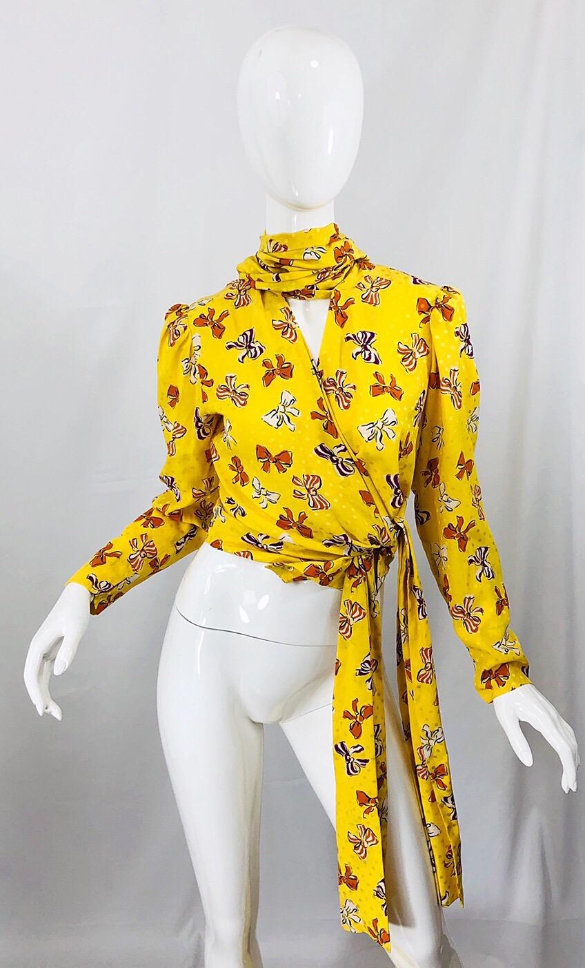 Yves Saint Laurent SS 1987 Runway YSL Yellow Bow Print Silk Blouse + Skirt Dress In Excellent Condition For Sale In San Diego, CA