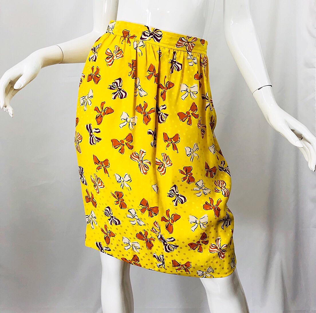 Women's Yves Saint Laurent SS 1987 Runway YSL Yellow Bow Print Silk Blouse + Skirt Dress For Sale