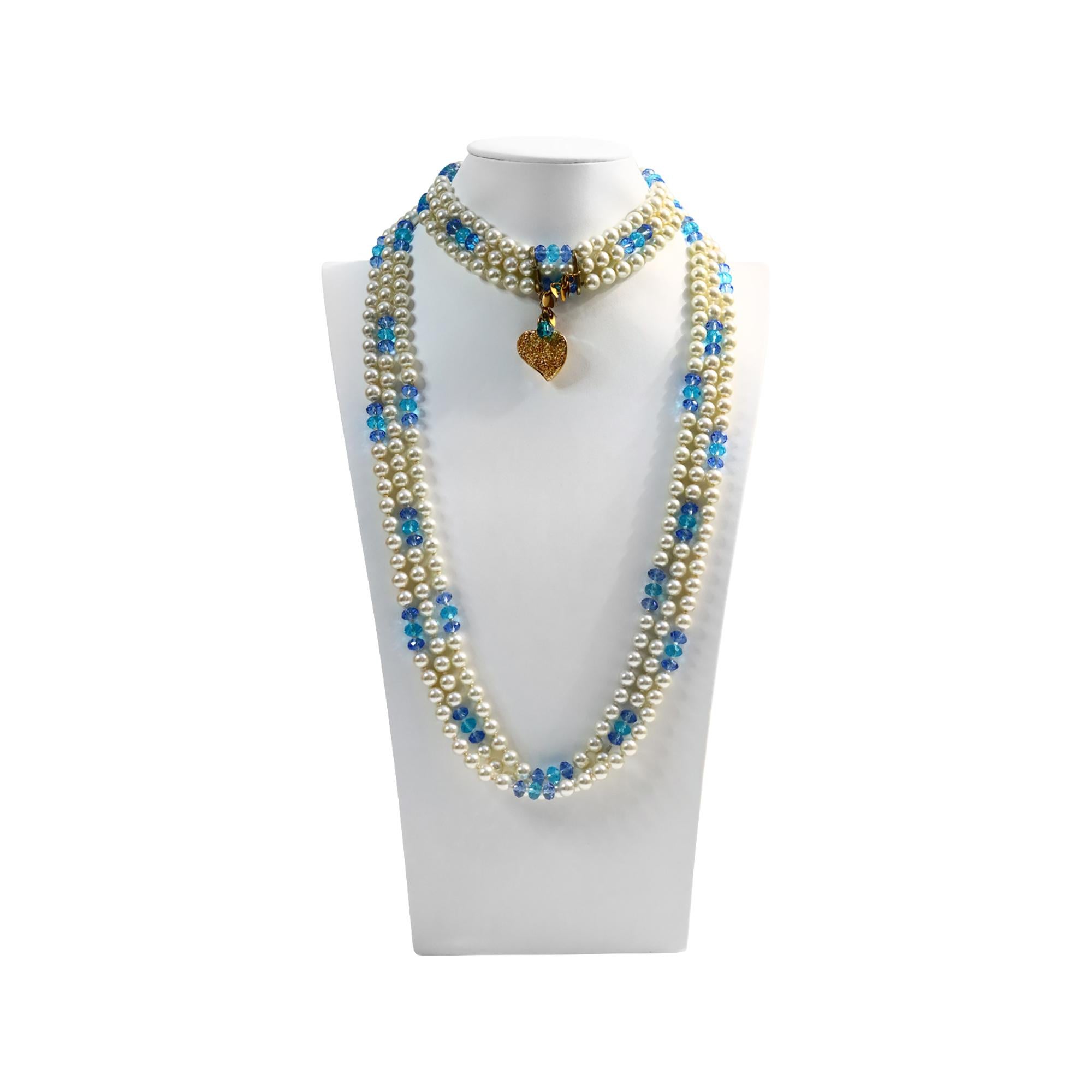 Collar vintage Yves Saint Laurent YSL de 3 vueltas de perlas y cuentas azules Circa 1990s en venta 5