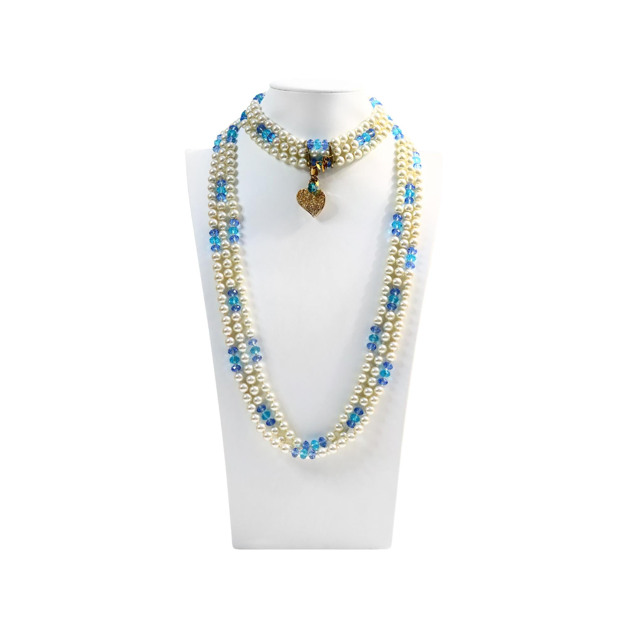 Collar vintage Yves Saint Laurent YSL de 3 vueltas de perlas y cuentas azules Circa 1990s en venta 6