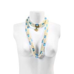 Vintage Yves Saint Laurent YSL 3 Strand Pearl and Blue Bead Necklace Circa 1990s