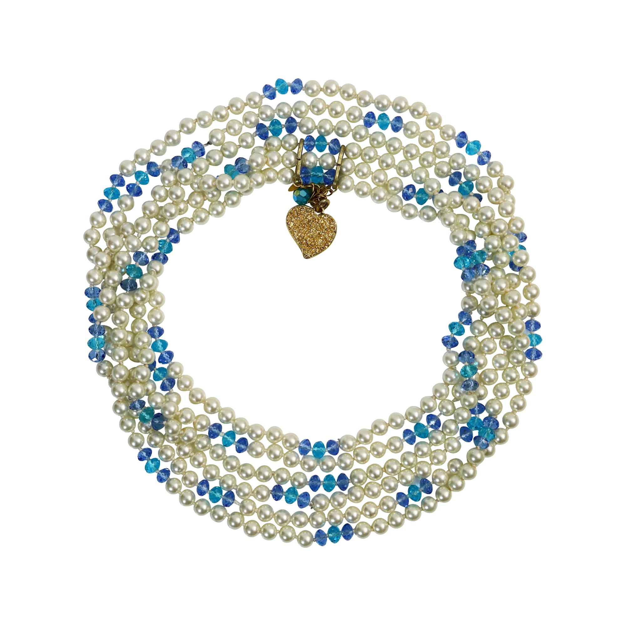 Collar vintage Yves Saint Laurent YSL de 3 vueltas de perlas y cuentas azules Circa 1990s en venta 1