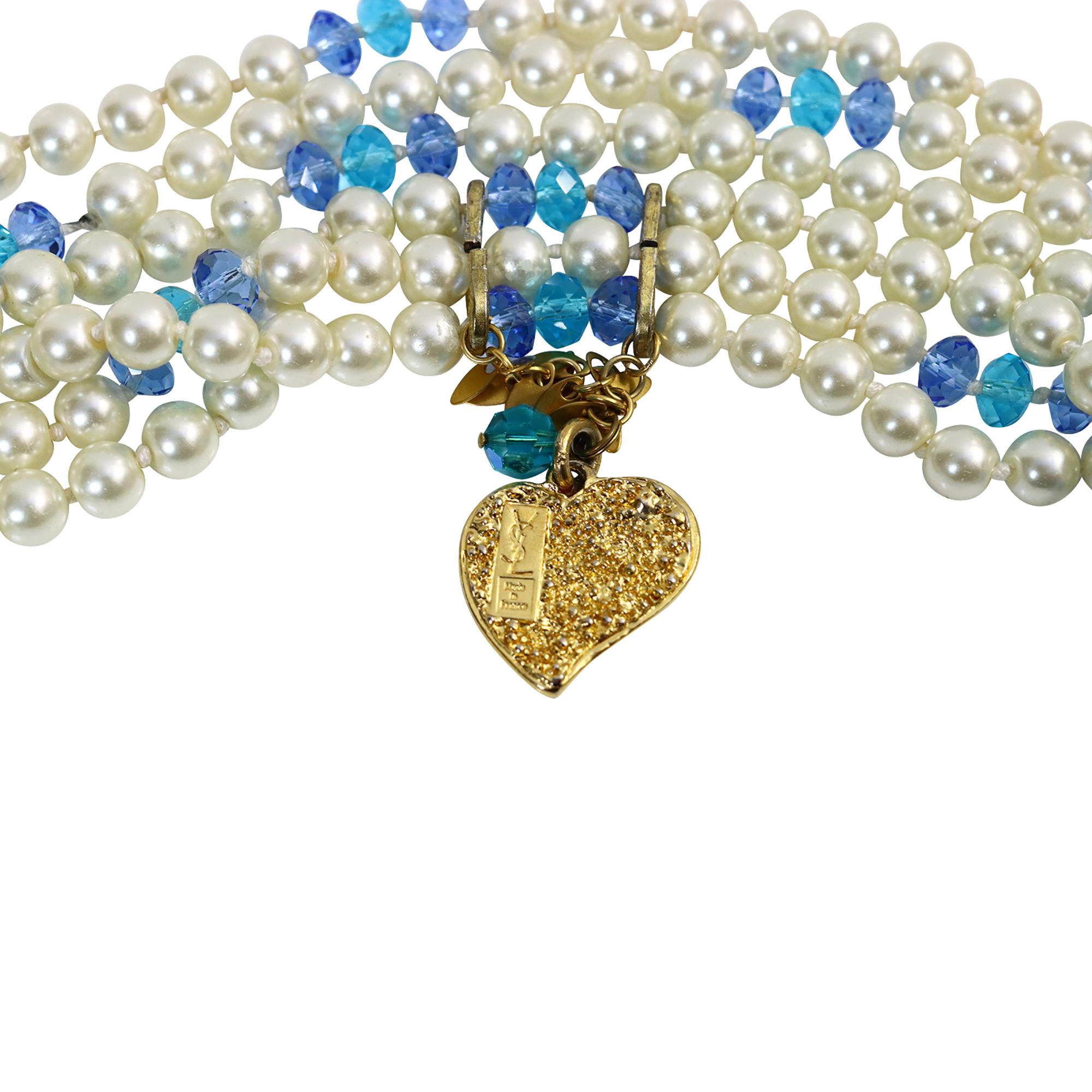 Collar vintage Yves Saint Laurent YSL de 3 vueltas de perlas y cuentas azules Circa 1990s en venta 2