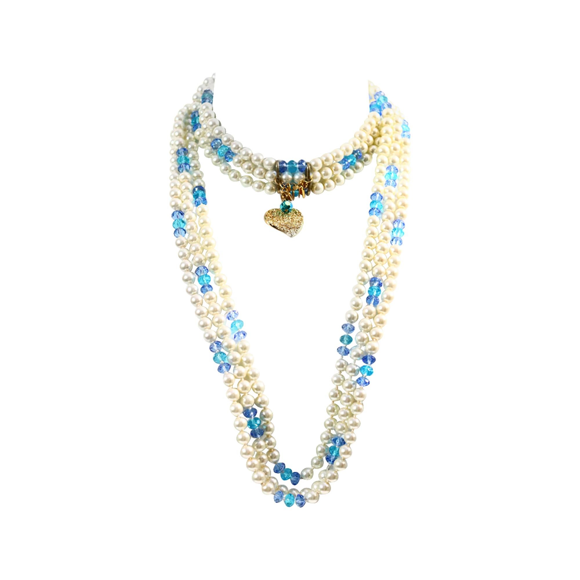 Collar vintage Yves Saint Laurent YSL de 3 vueltas de perlas y cuentas azules Circa 1990s en venta 4