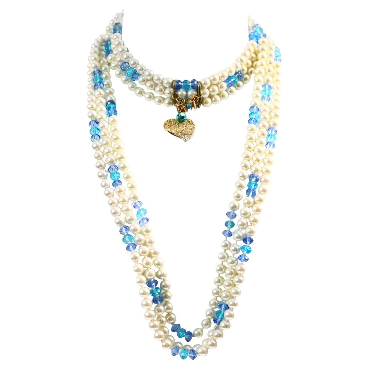 Vintage Yves Saint Laurent YSL 3 Strand Pearl and Blue Bead Necklace Circa 1990s