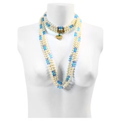 Vintage Yves Saint Laurent YSL 3 Strand Pearl and Blue Bead Necklace Circa 1990s