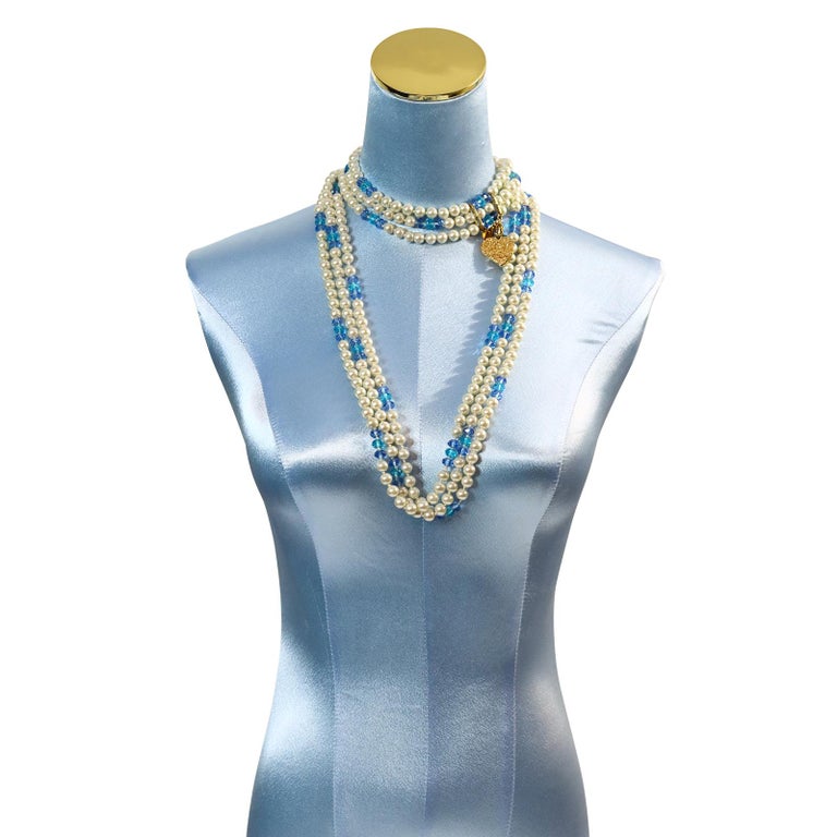 Artist Vintage Yves Saint Laurent YSL 3 Strand Pearl and Blue Bead Necklace Circa 1990s For Sale