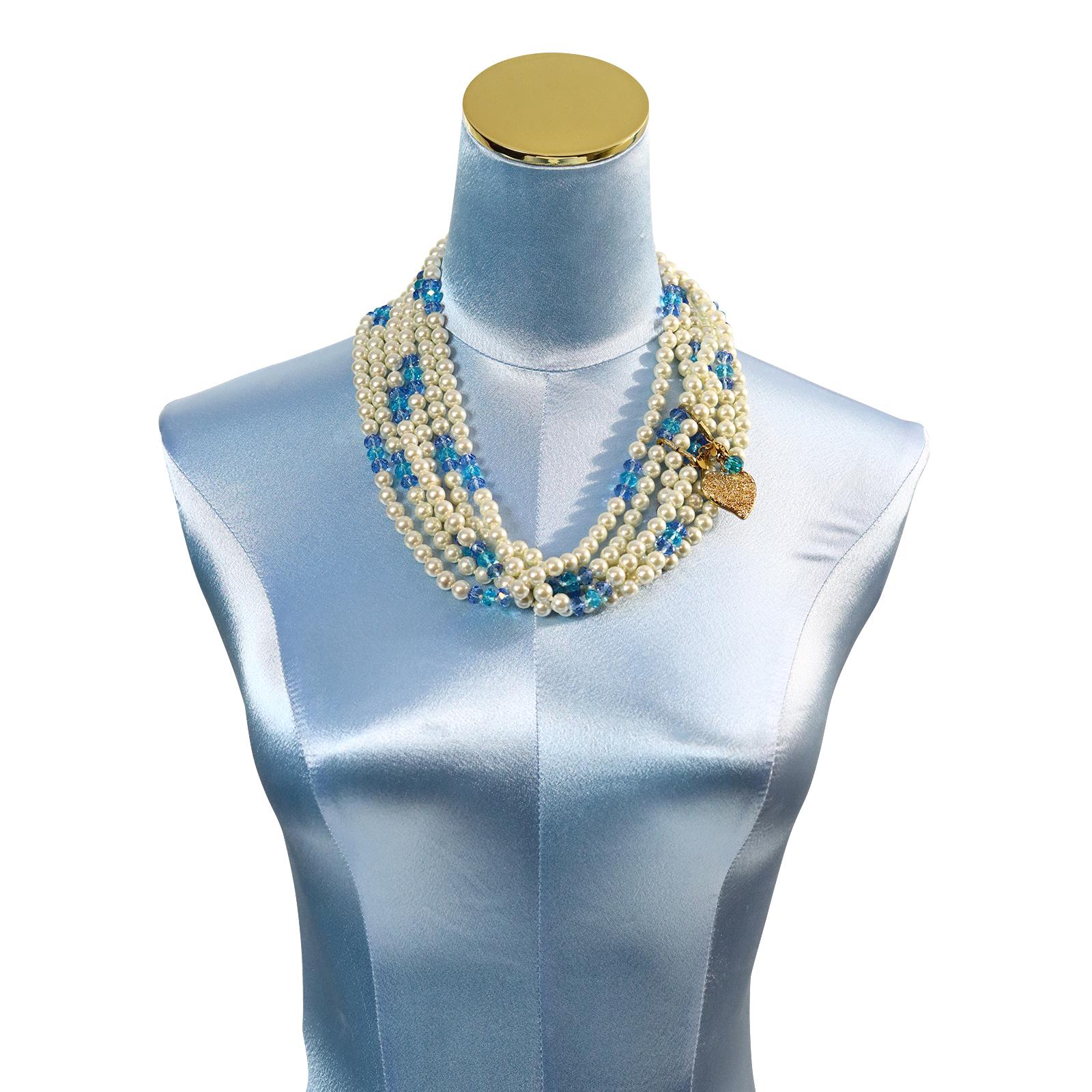 Vintage Yves Saint Laurent YSL 3 Strand Pearl and Blue Bead Necklace Circa 1990s In Good Condition For Sale In New York, NY