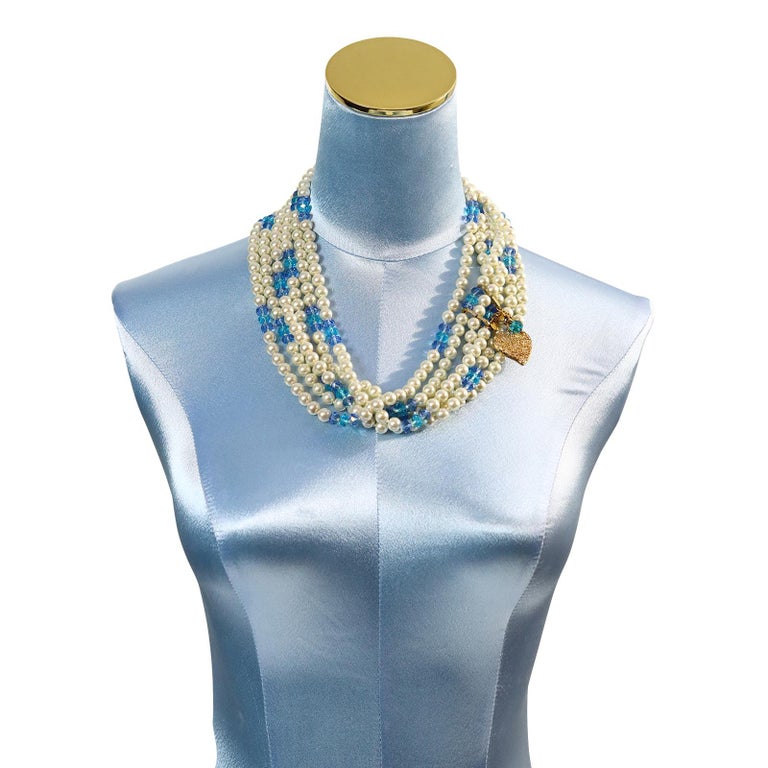 Vintage Yves Saint Laurent YSL 3 Strand Pearl and Blue Bead Necklace