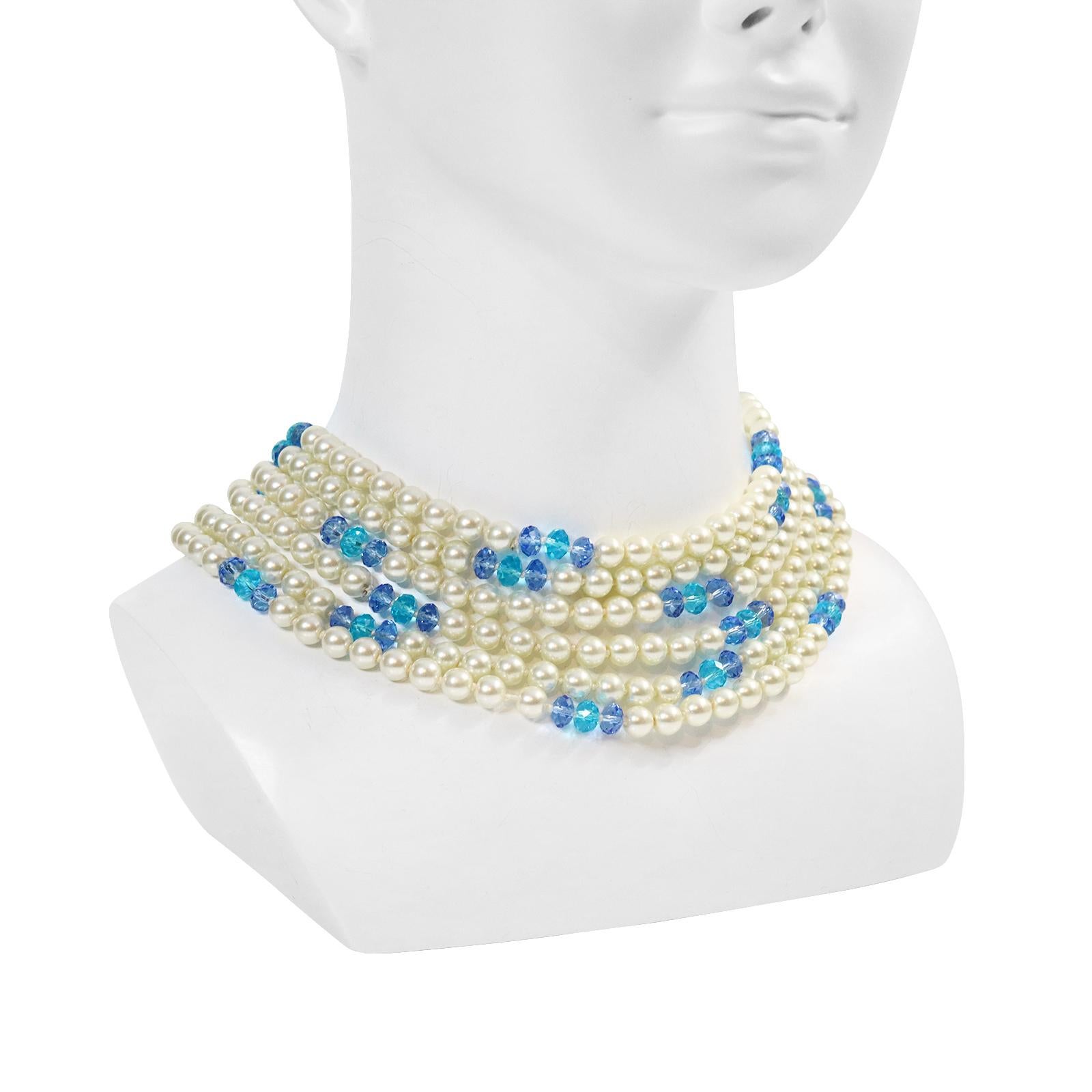 Vintage Yves Saint Laurent YSL 3 Strand Pearl and Blue Bead Necklace Circa 1990s For Sale 2