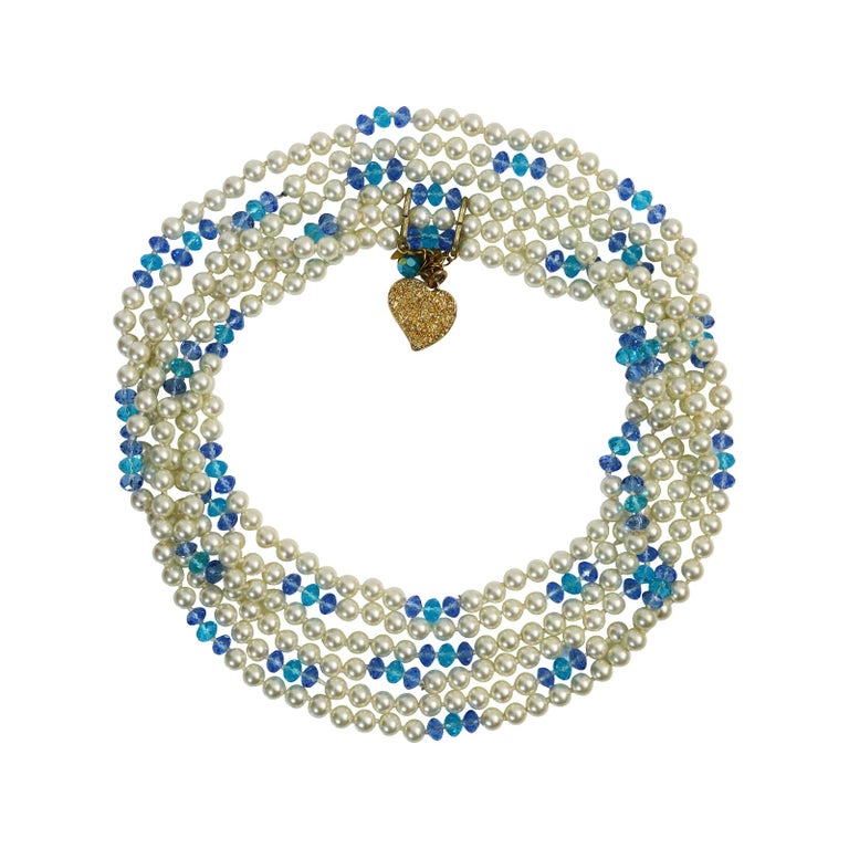 Vintage Yves Saint Laurent YSL 3 Strand Pearl and Blue Bead Necklace Circa 1990s For Sale 2
