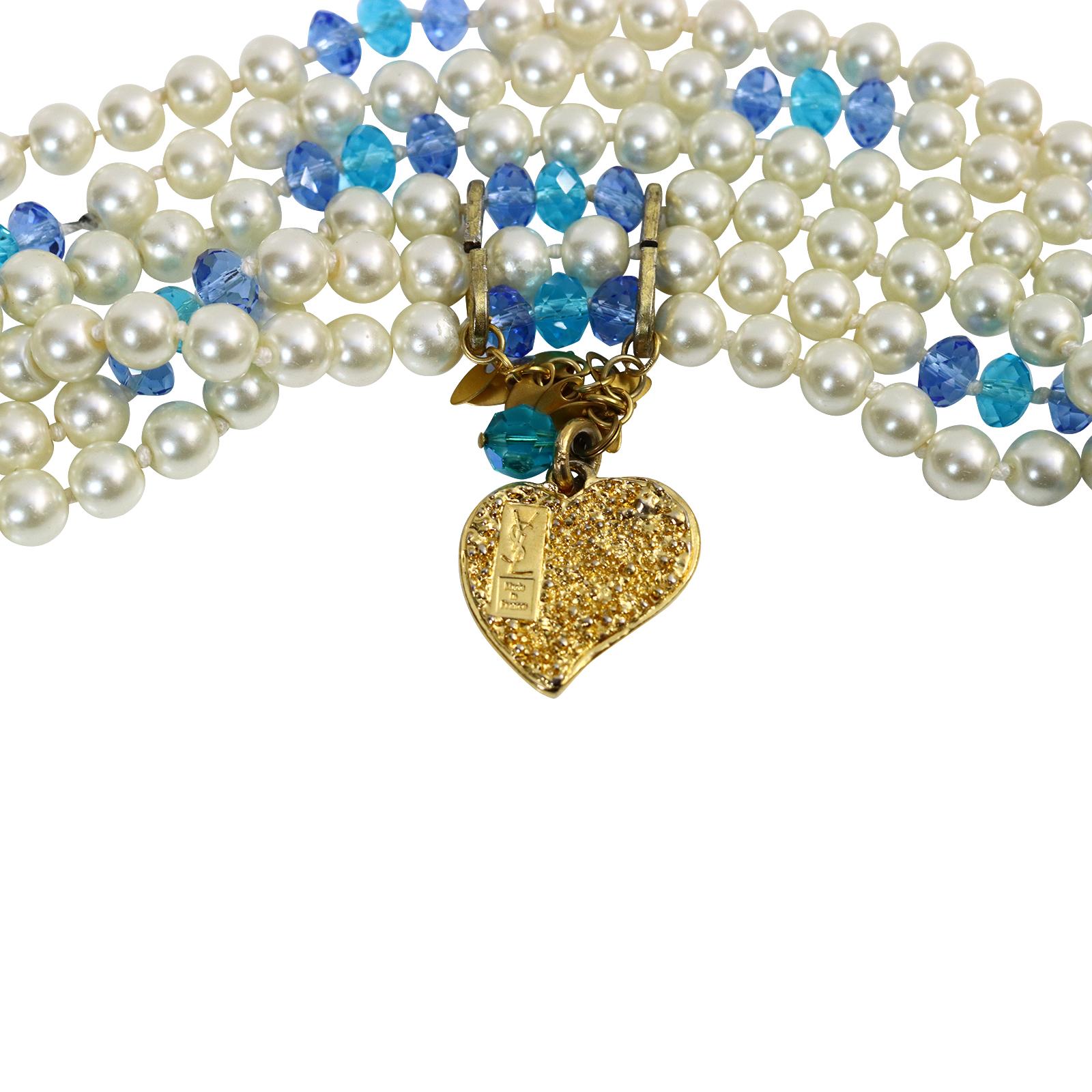 Vintage Yves Saint Laurent YSL 3 Strand Pearl and Blue Bead Necklace Circa 1990s For Sale 5