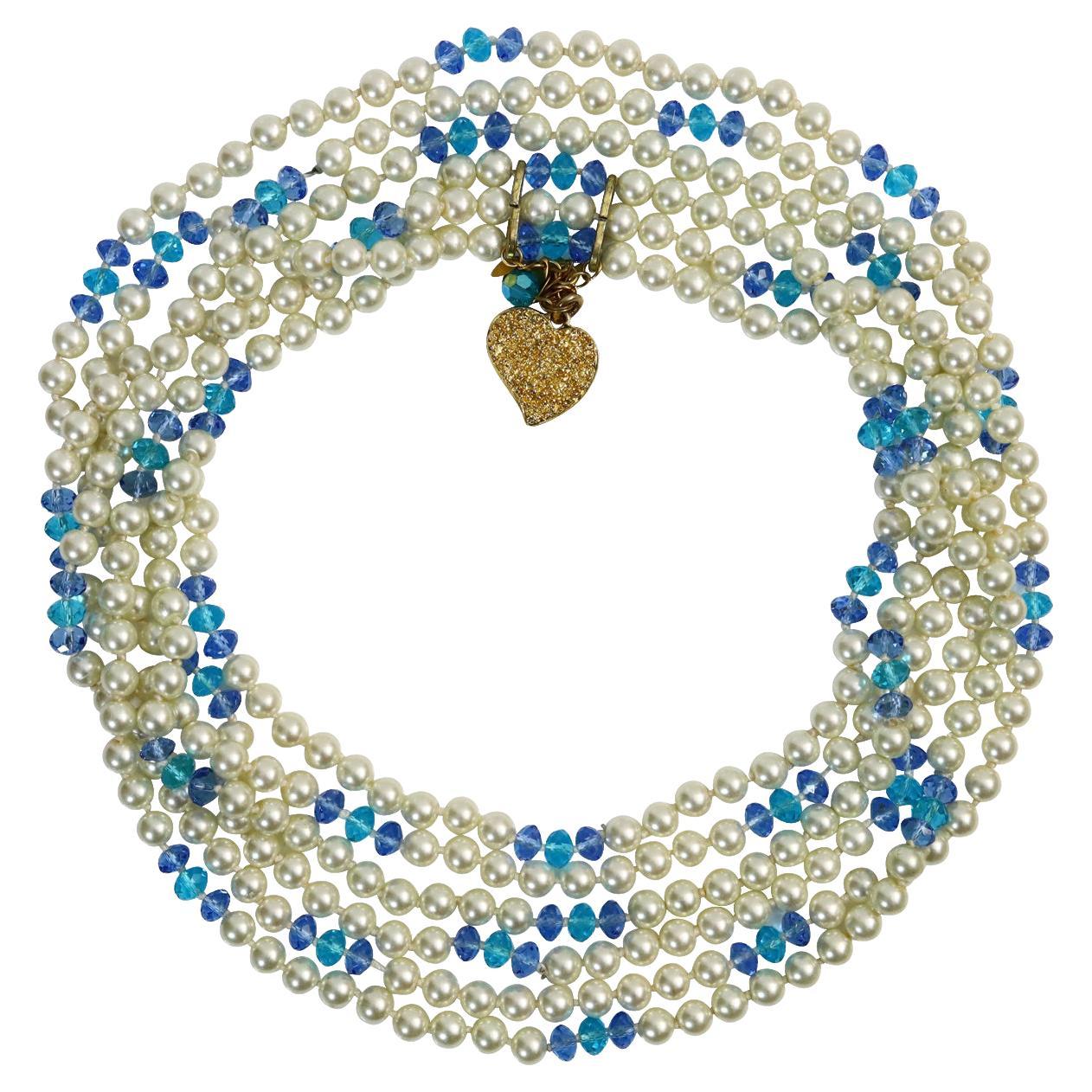 Vintage Yves Saint Laurent YSL 3 Strand Pearl and Blue Bead Necklace Circa 1990s For Sale 4