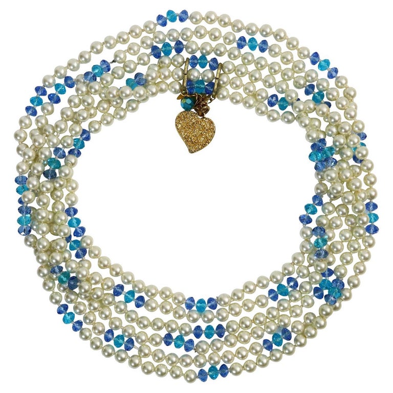 Vintage Yves Saint Laurent YSL 3 Strand Pearl and Blue Bead Necklace Circa 1990s For Sale
