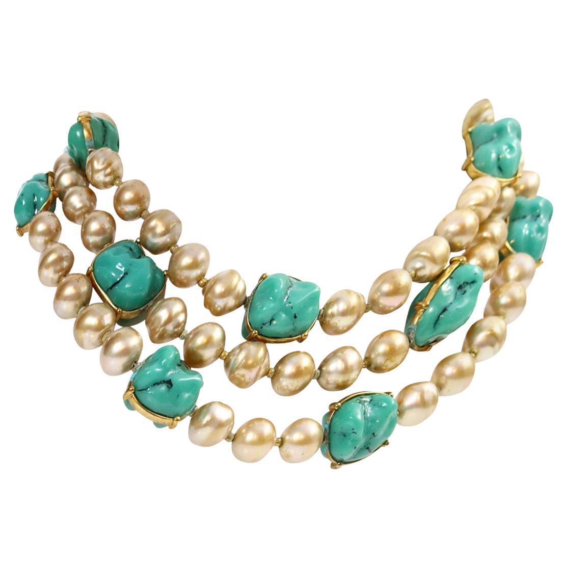 Vintage Yves Saint Laurent YSL 3 Strand Pearl and Faux Turquoise Circa 1980s For Sale