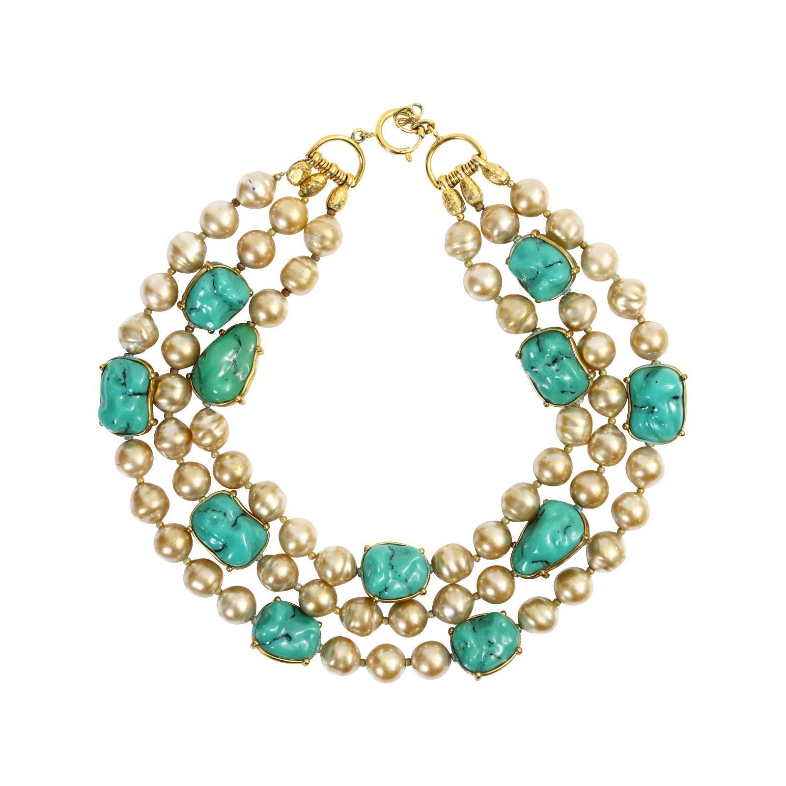 Artist Vintage Yves Saint Laurent YSL 3 Strand Pearl and Faux Turquoise Circa 1980s For Sale