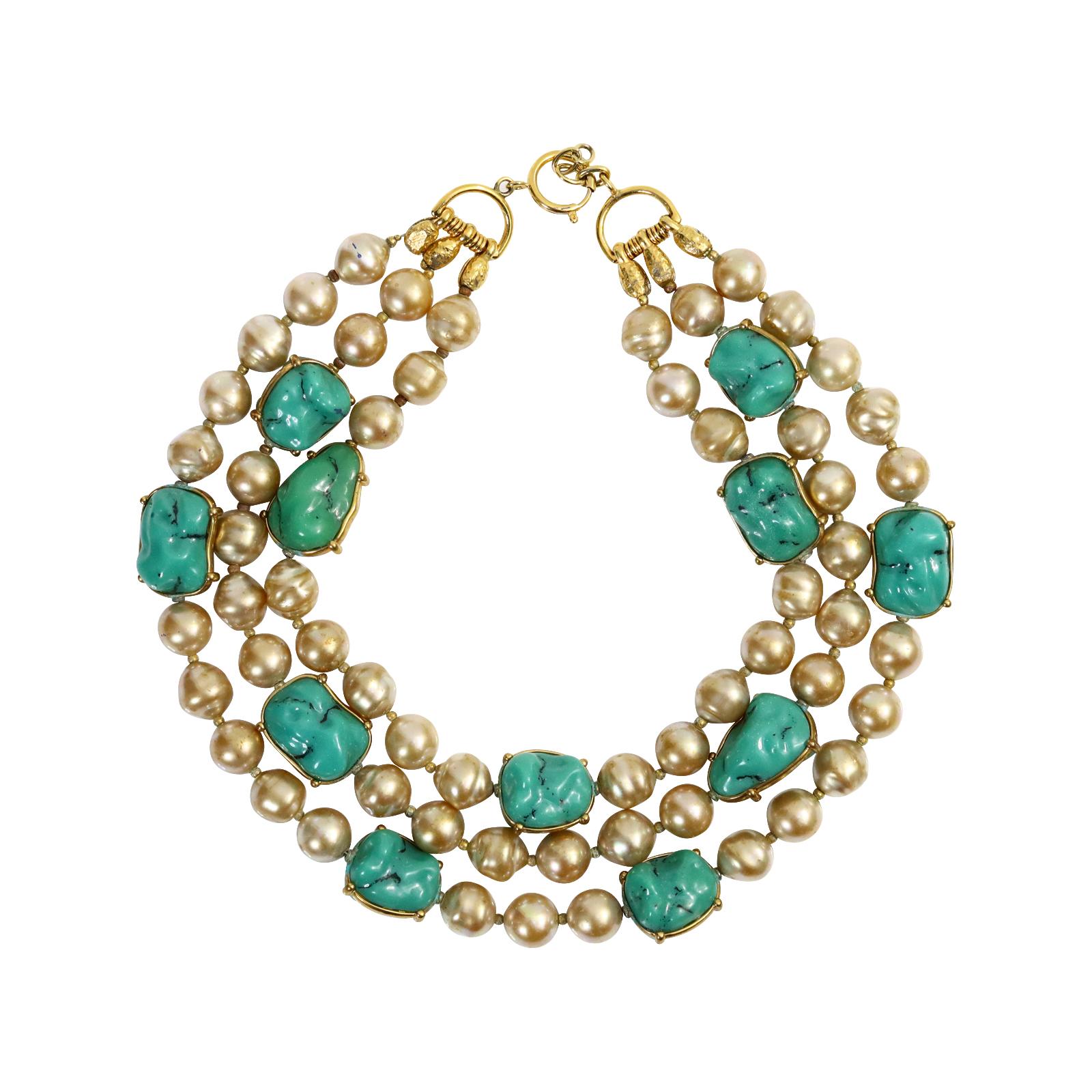 Vintage Yves Saint Laurent YSL 3 Strand Pearl and Faux Turquoise Circa 1980s In Good Condition For Sale In New York, NY