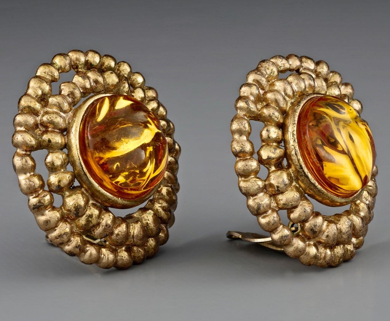 Vintage YVES SAINT LAURENT Ysl Amber Cabochon Disc Medallion Earrings In Good Condition In Kingersheim, Alsace