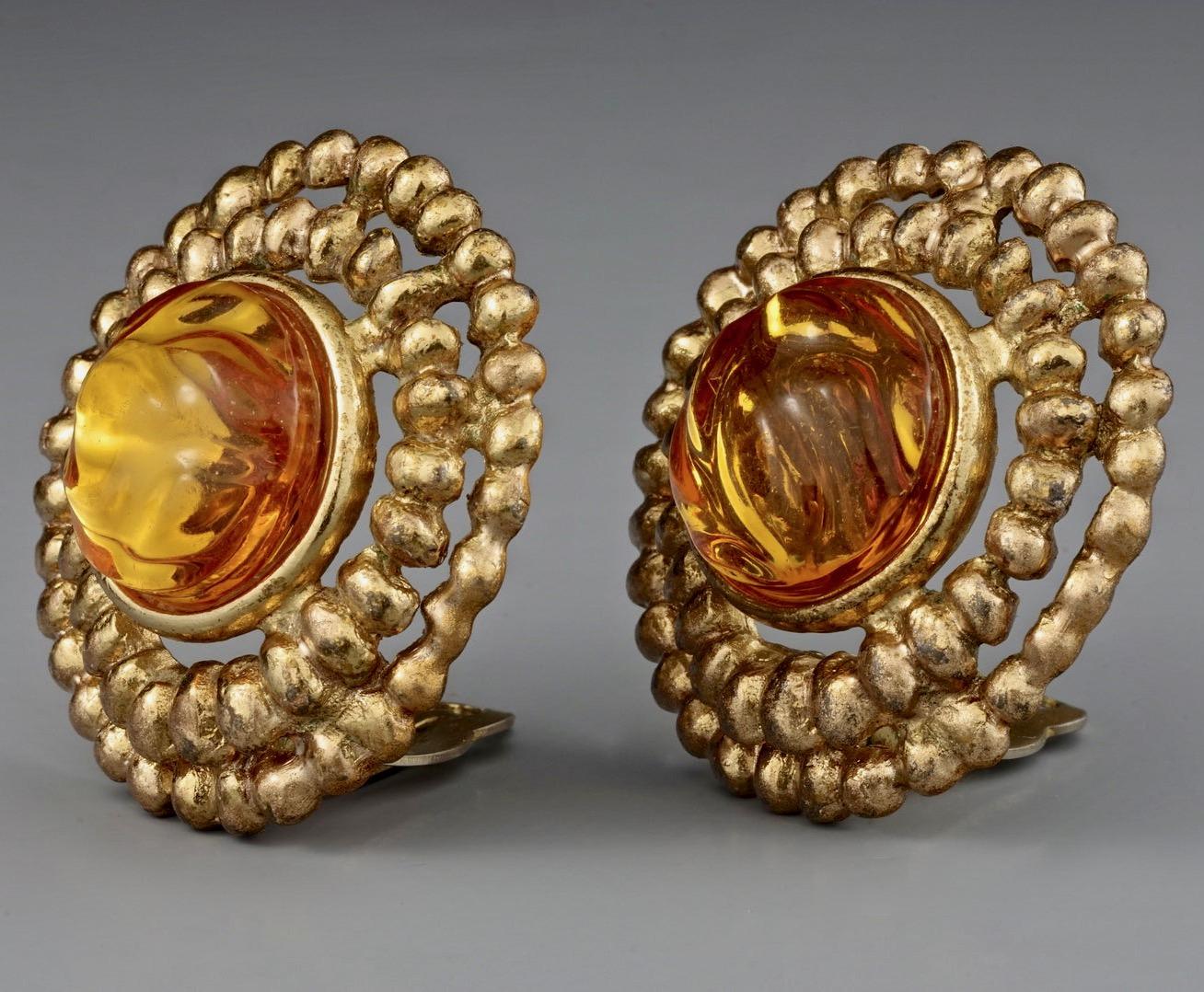 Women's Vintage YVES SAINT LAURENT Ysl Amber Cabochon Disc Medallion Earrings