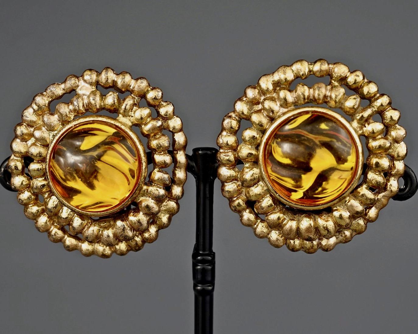 Vintage YVES SAINT LAURENT Ysl Amber Cabochon Disc Medallion Earrings 1