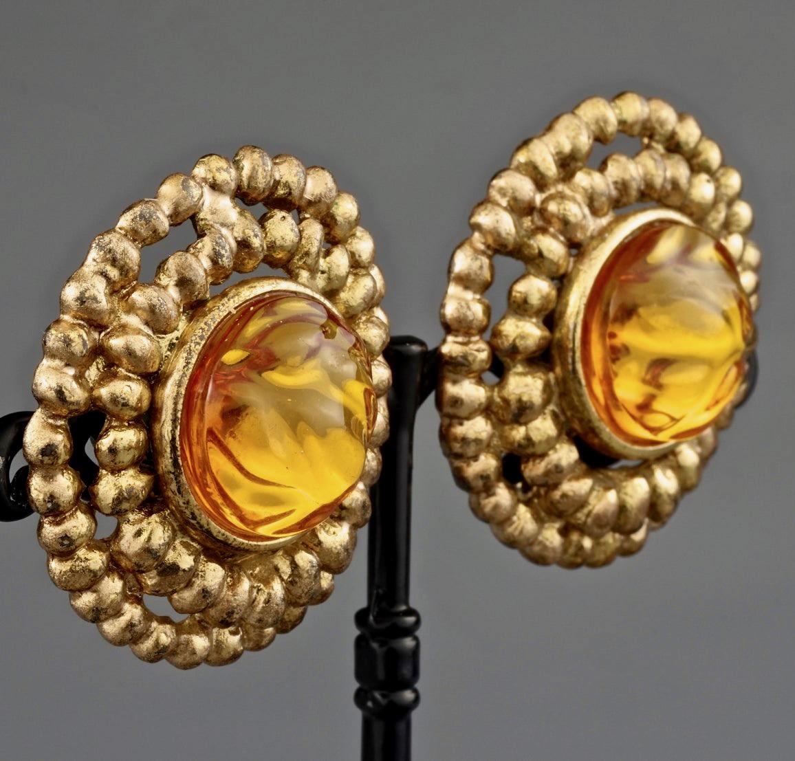 Vintage YVES SAINT LAURENT Ysl Amber Cabochon Disc Medallion Earrings 2