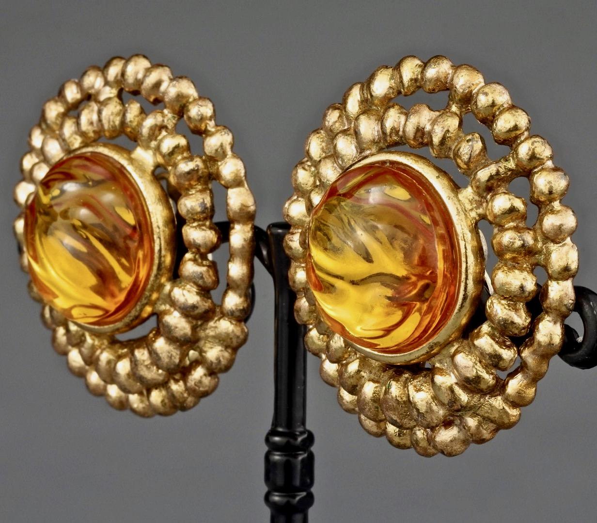 Vintage YVES SAINT LAURENT Ysl Amber Cabochon Disc Medallion Earrings 3
